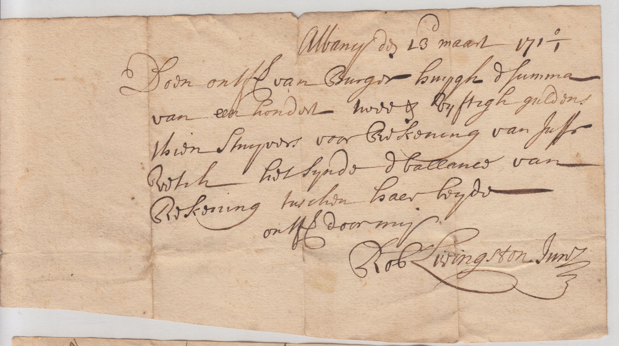 BH001 1710/1-03-13 Receipt, Rob't Livingston Jun'r to Burger Huyck
