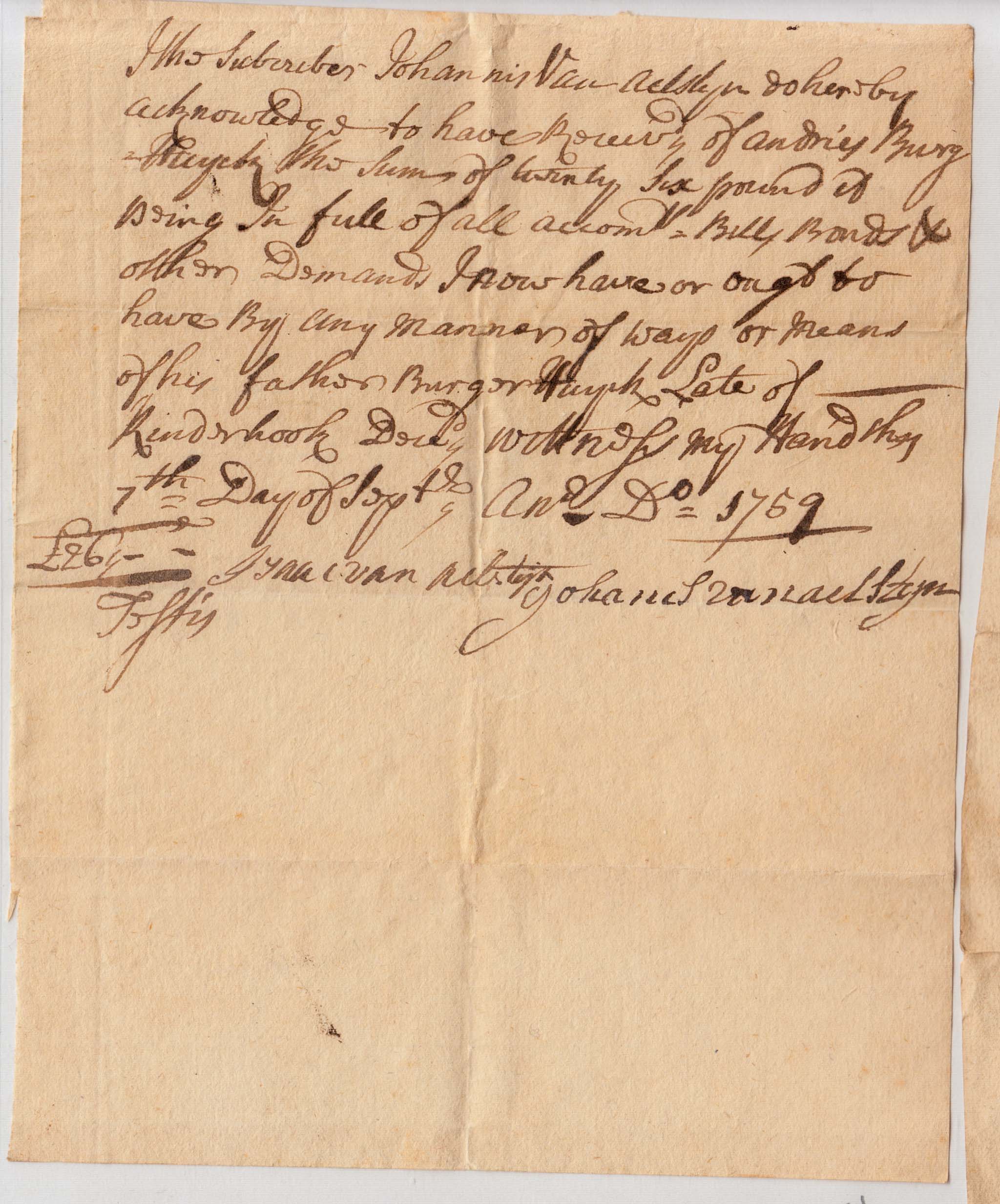 BH002 1759-09-07 - Receipt - 26 Pounds from Andries Burger Huyck to Johannis Van Allstyn