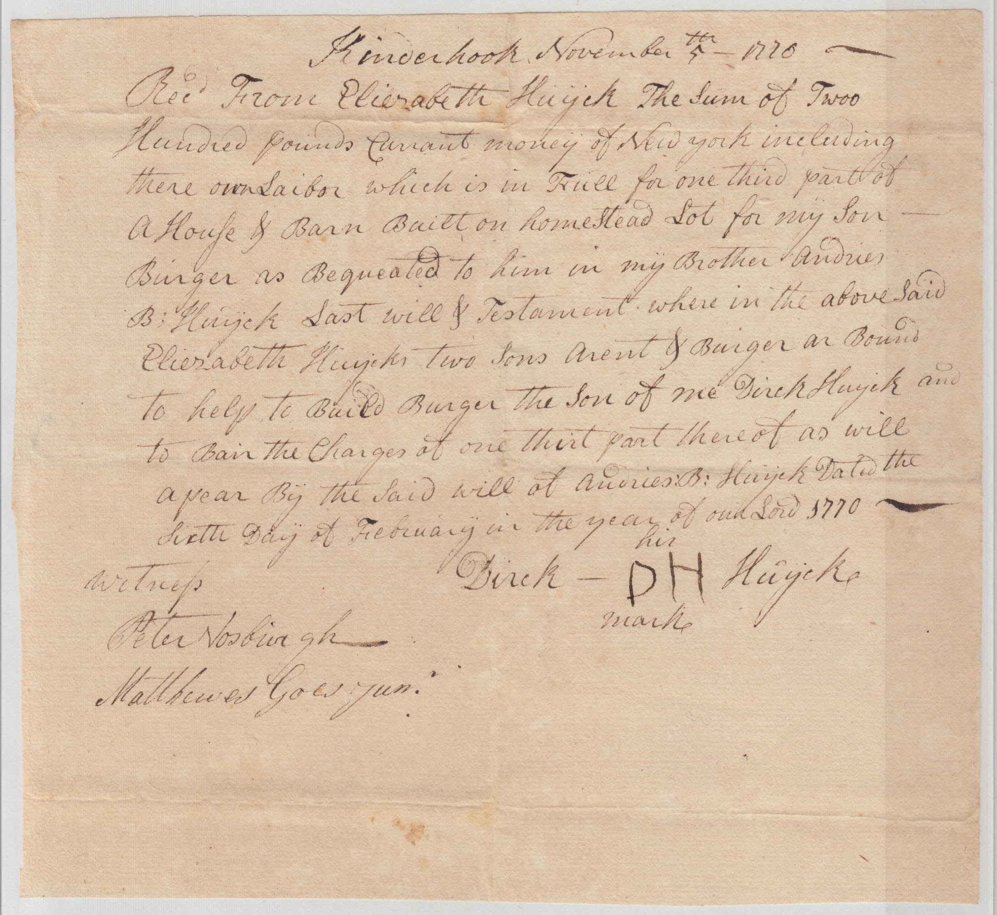 BH008 1770-11-05 Receipt, Dirck Huyck to Elizabeth Huyck for One Third of Bequeathed House & Barn