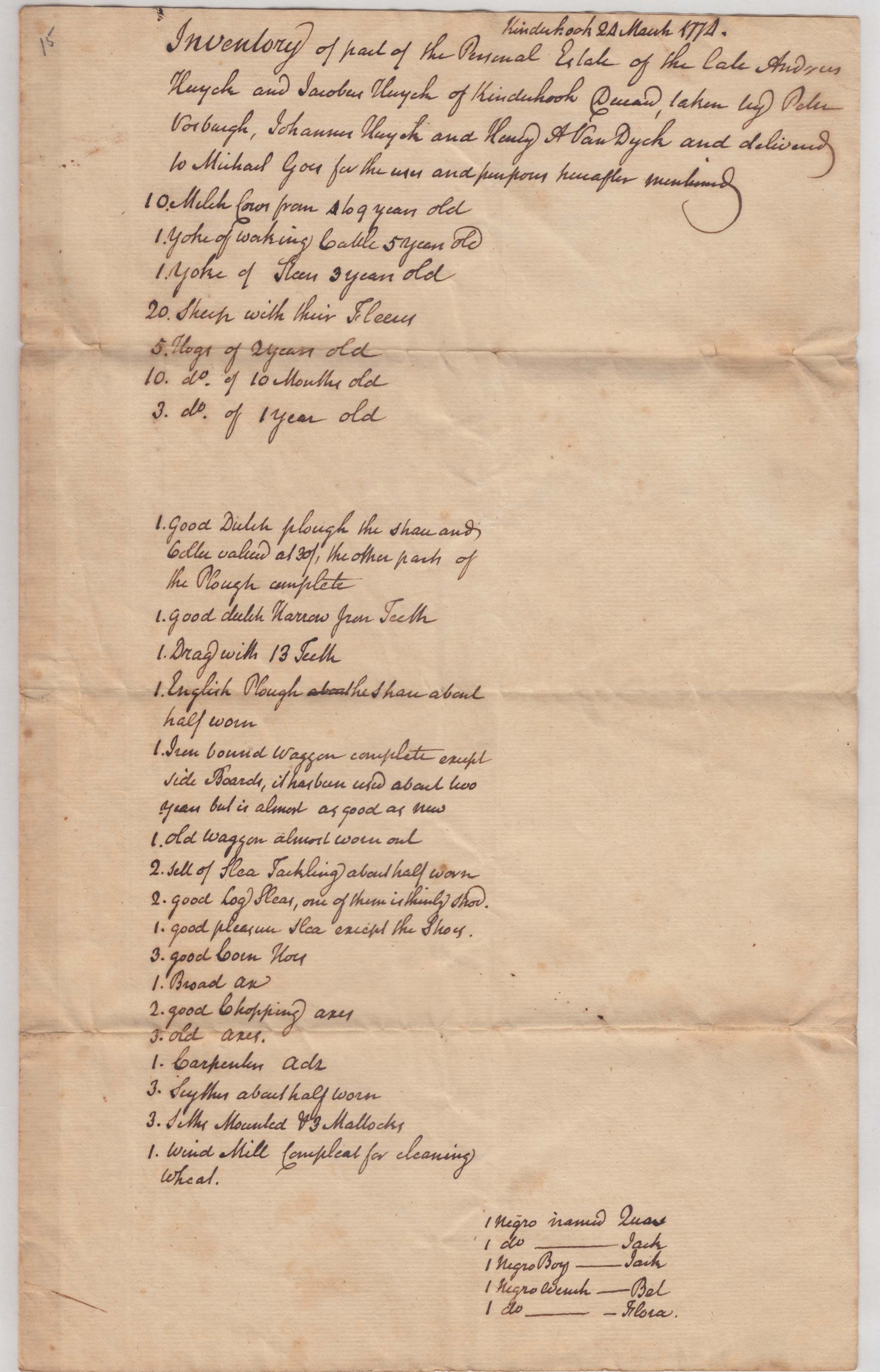 BH011 1774-03-24 Inventory of Part of Personal Estate of the Late Andries Huyck and Jacobus Huyck