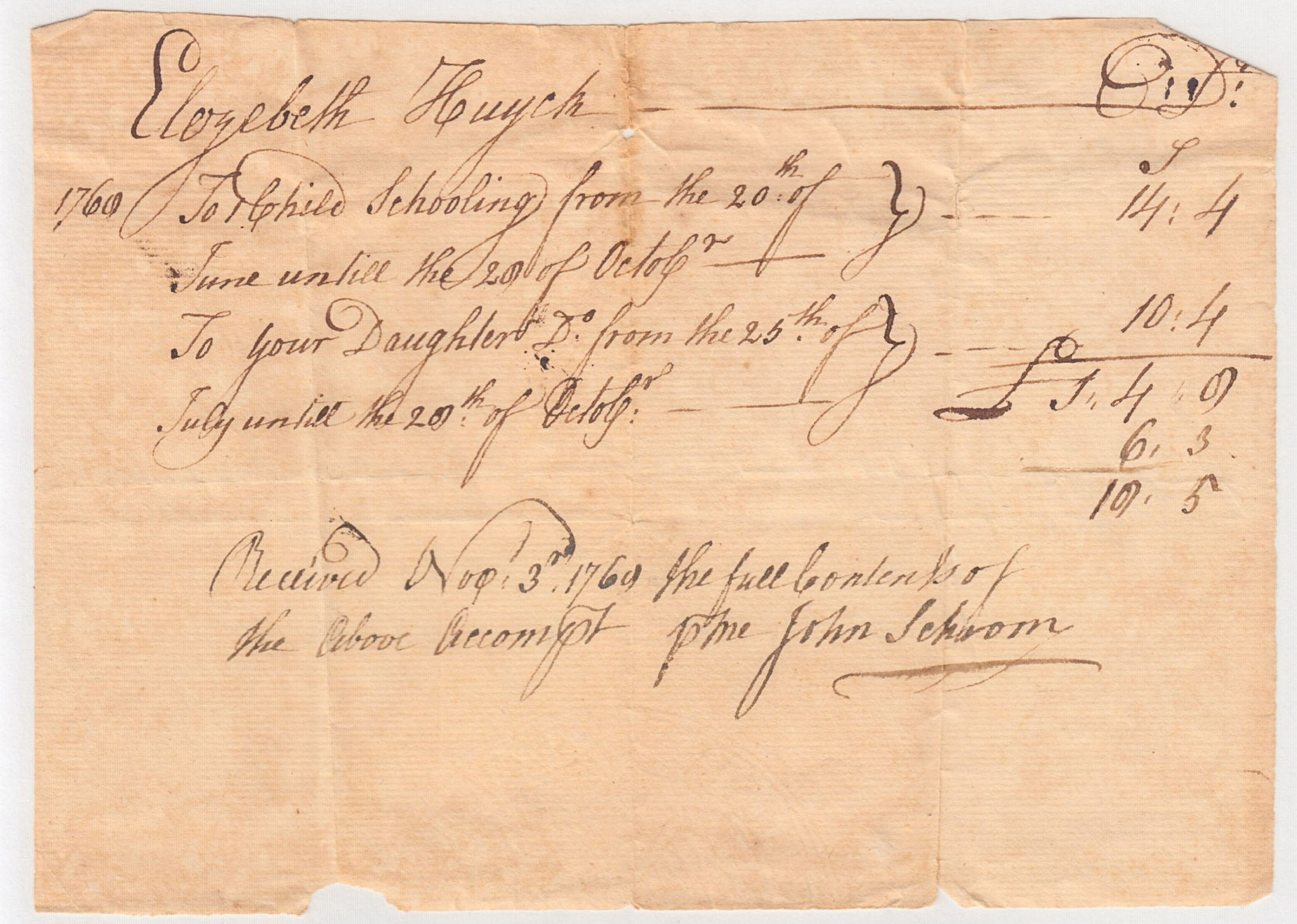 BH019, 1768-11-03 Receipt, John Schrom to Elizabeth Huyck for Children's Schooling