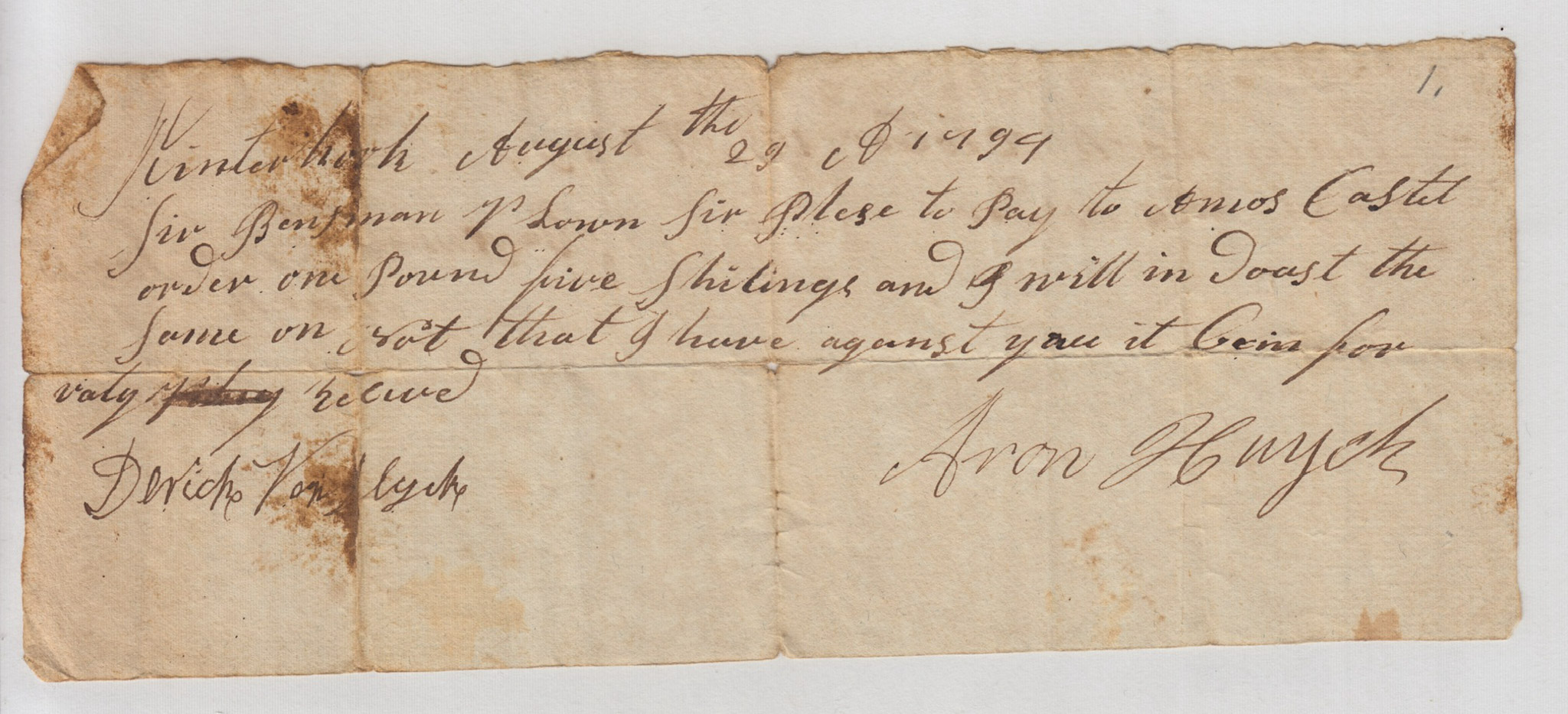 BH020, 1794-08-29 Order, Exchange Funds for Value Received Between Derick Van Slyck & Benjamin Van Lown