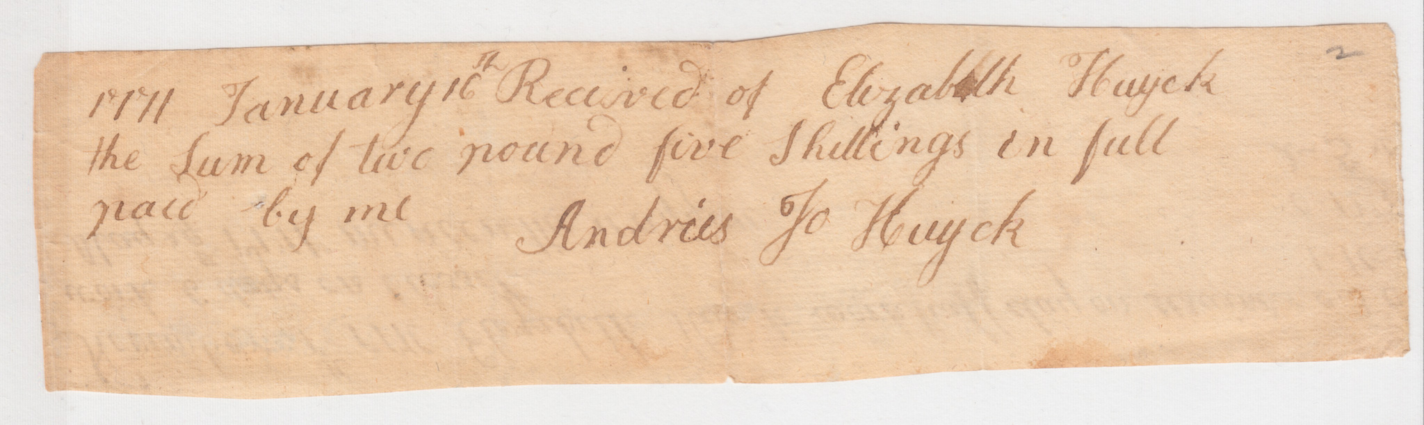 BH023, 1771-01-16 Receipt, Andries Jo Huyck to Elizabeth Huyck, Two Pound Five Shillings in Full Paid
