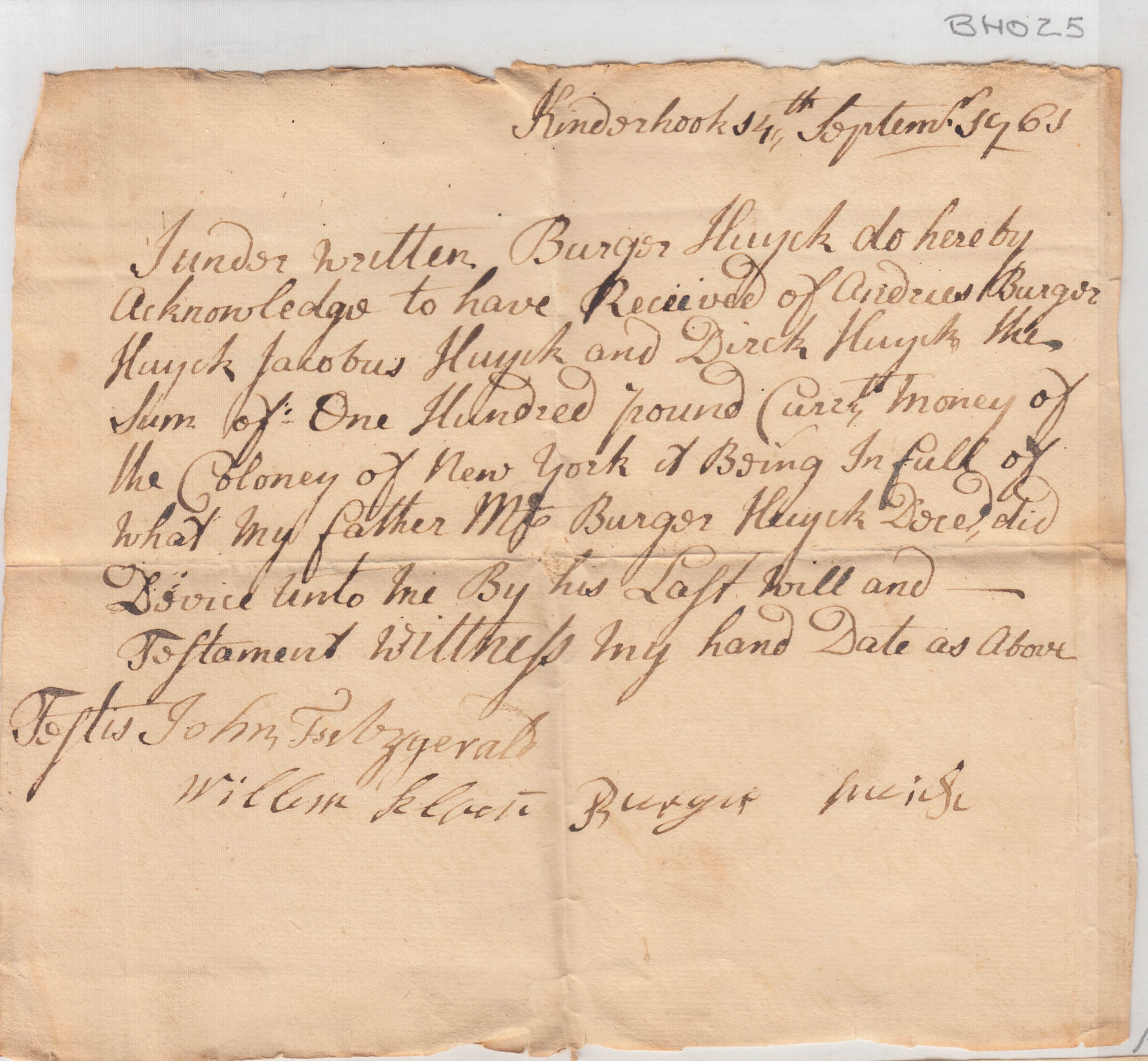 BH025, 1761-09-14 Receipt, Burger Huyck Jr. Acknowledging His Devise of His Father's Estate