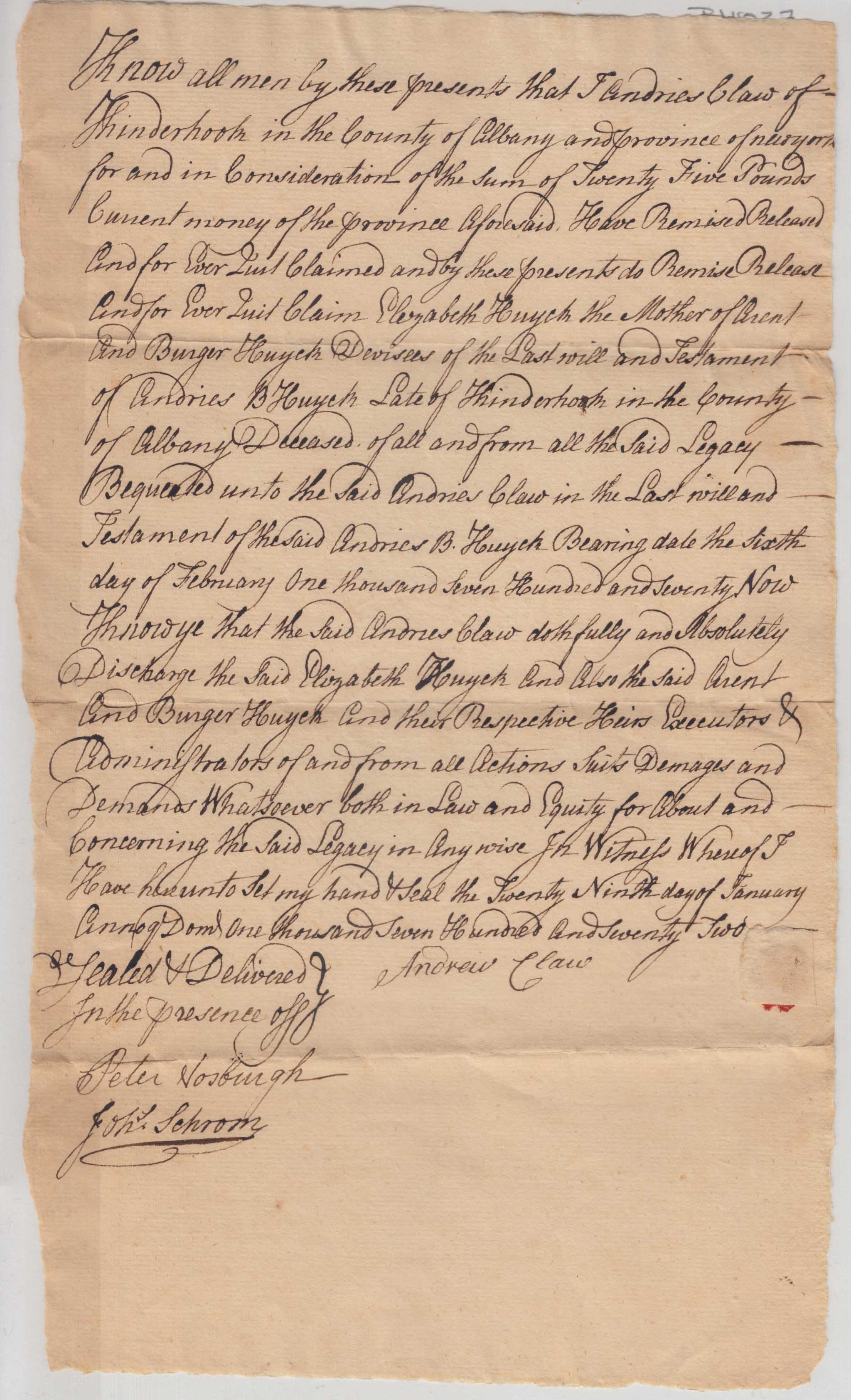 BH027 1772-01-29 Release of Liability by Andries Claw to Elizabeth Huyck Regarding Andries B. Huyck's Estate