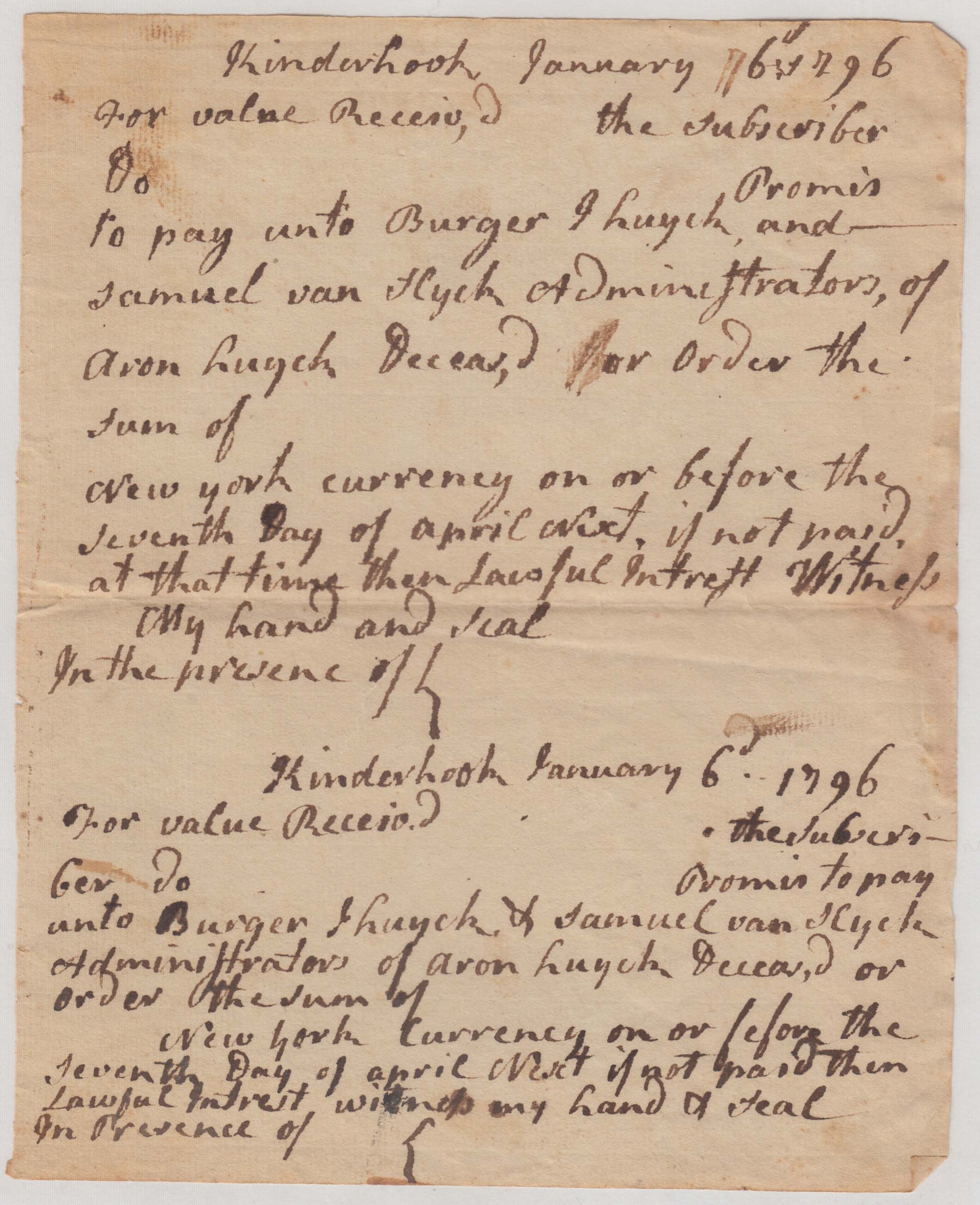 BH028, 1796-01-06 Promissory Note, 4 Blank Promissory Notes to Pay the Administrators of Aron Huyck's Estate