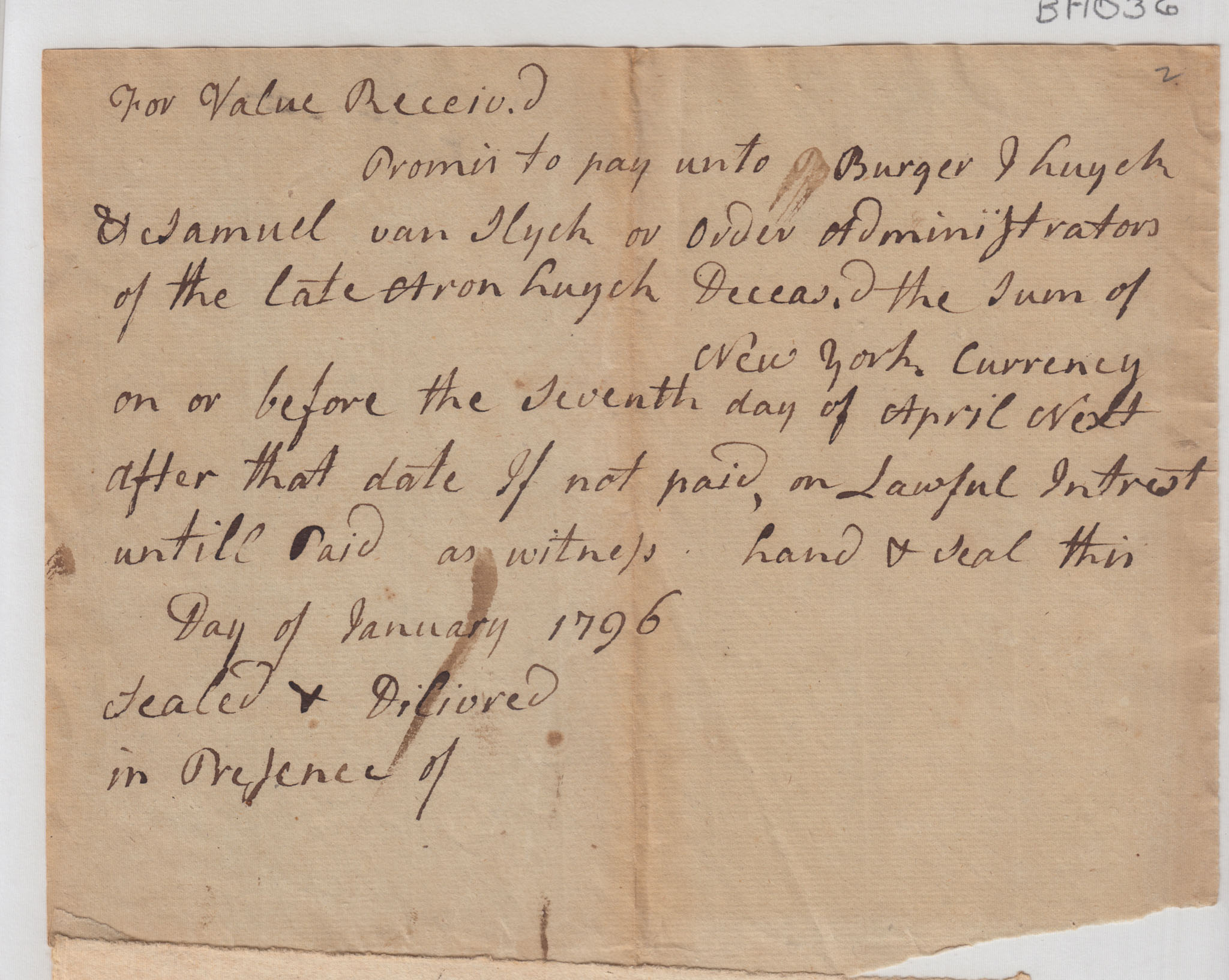 BH048, 1796-01-06 Promissory Note, 16 Blank Promissory Notes to Pay the Administrators of Aron Huyck's Estate