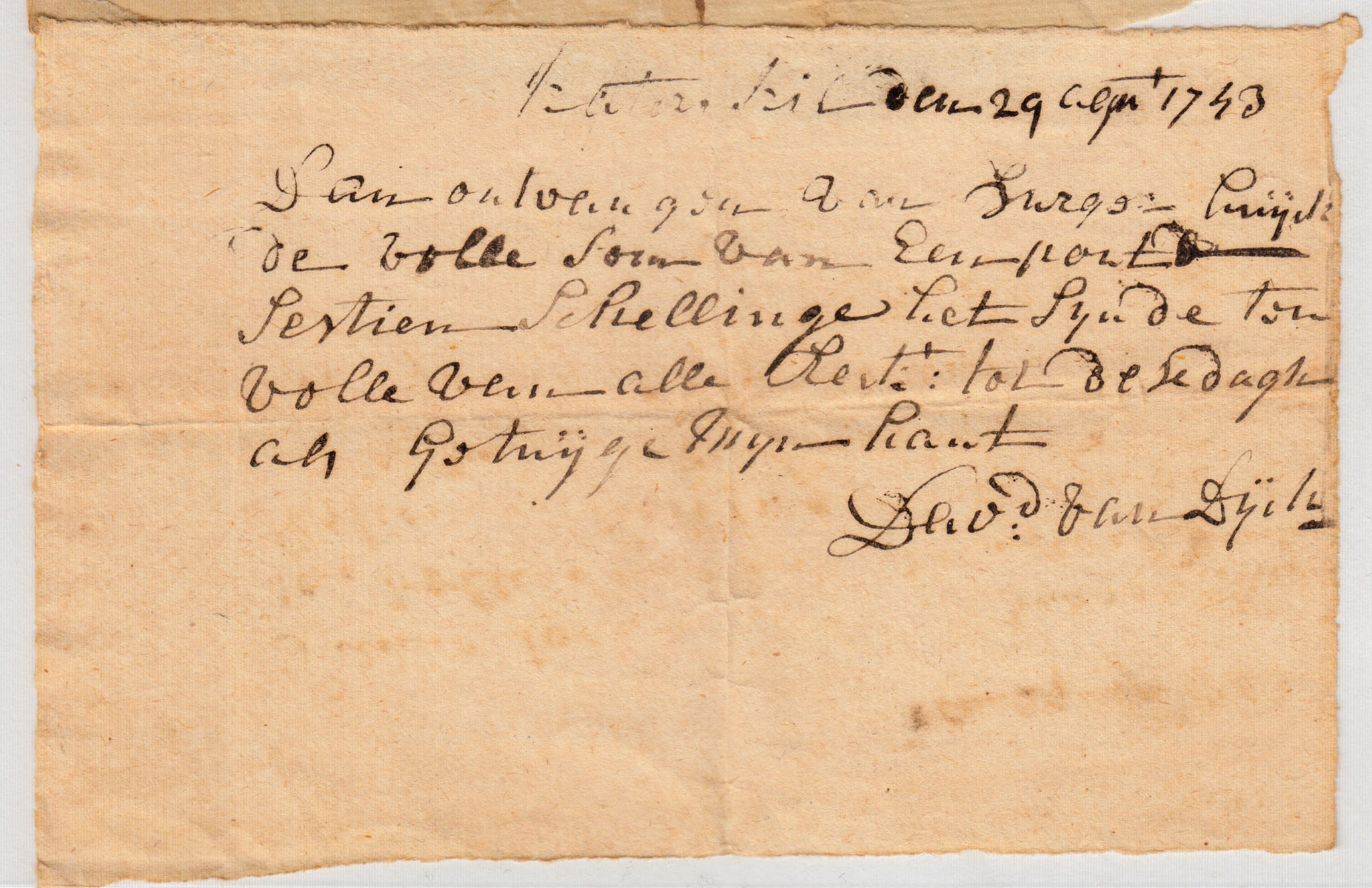 BH037 1743-08-29 Receipt, David Van Dyck to Burger Huyck for the Full Sum of One Pound Sixteen Shillings