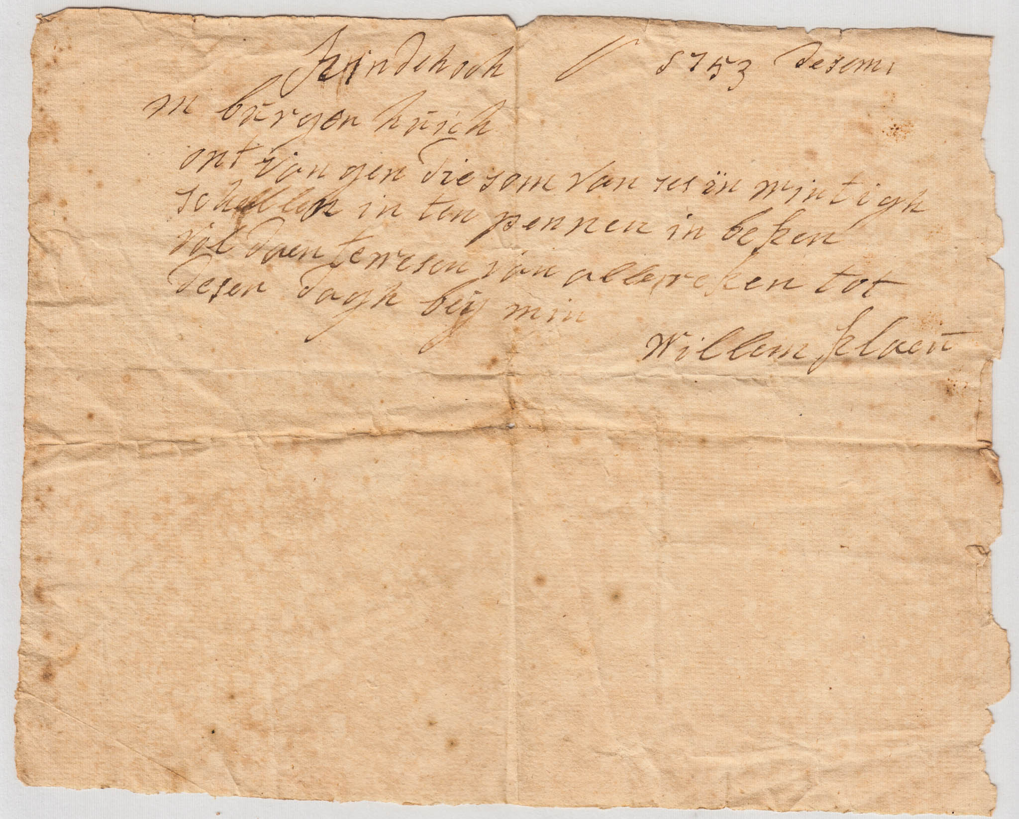 1753-12 Receipt, Willem Klaen to Burger Huyck to Settle Account