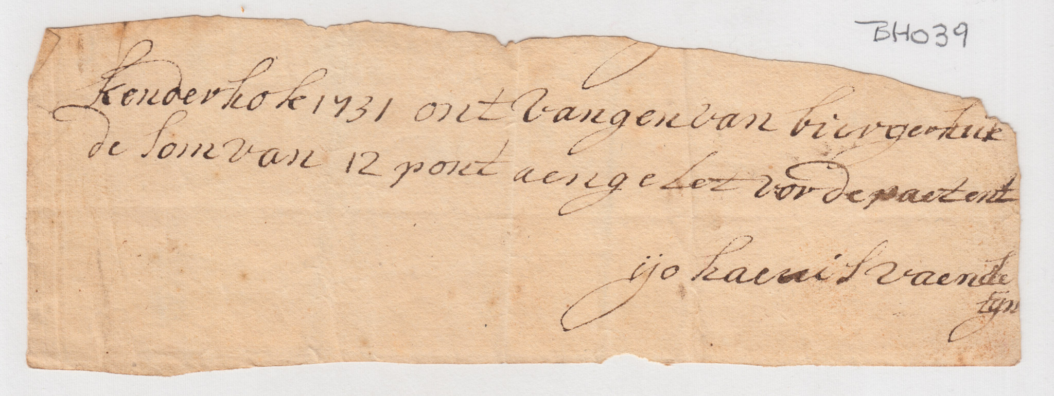 BH039 1731 Receipt, Johannis Van Alstyn to Burger Huyck for 12 Pounds for the Patent