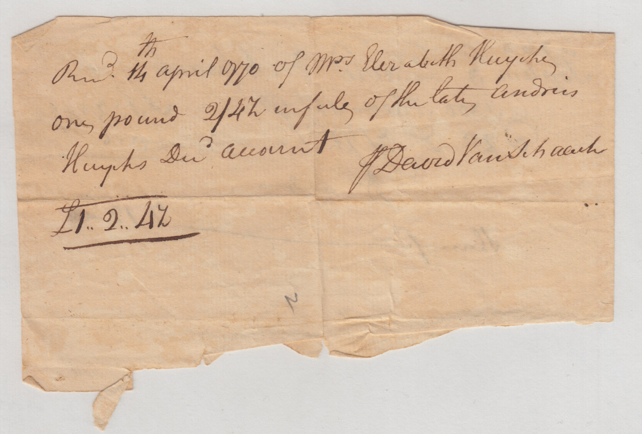 BH044 1770-04-14 Receipt, David Van Schaack to Elizabeth Huyck for Payment of the Late Andries Huyck's Due Account