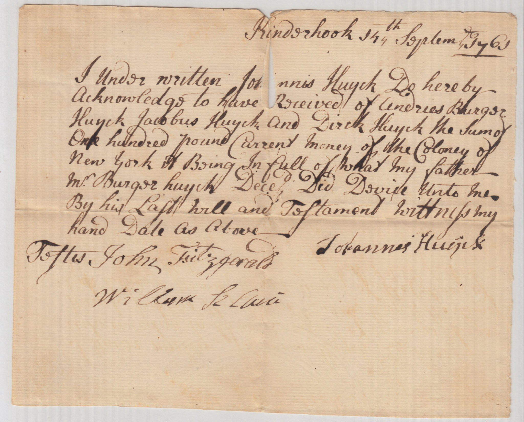 BH045, 1761-09-14 Receipt, Johannis Huyck Acknowledging His Devise of His Father's Estate