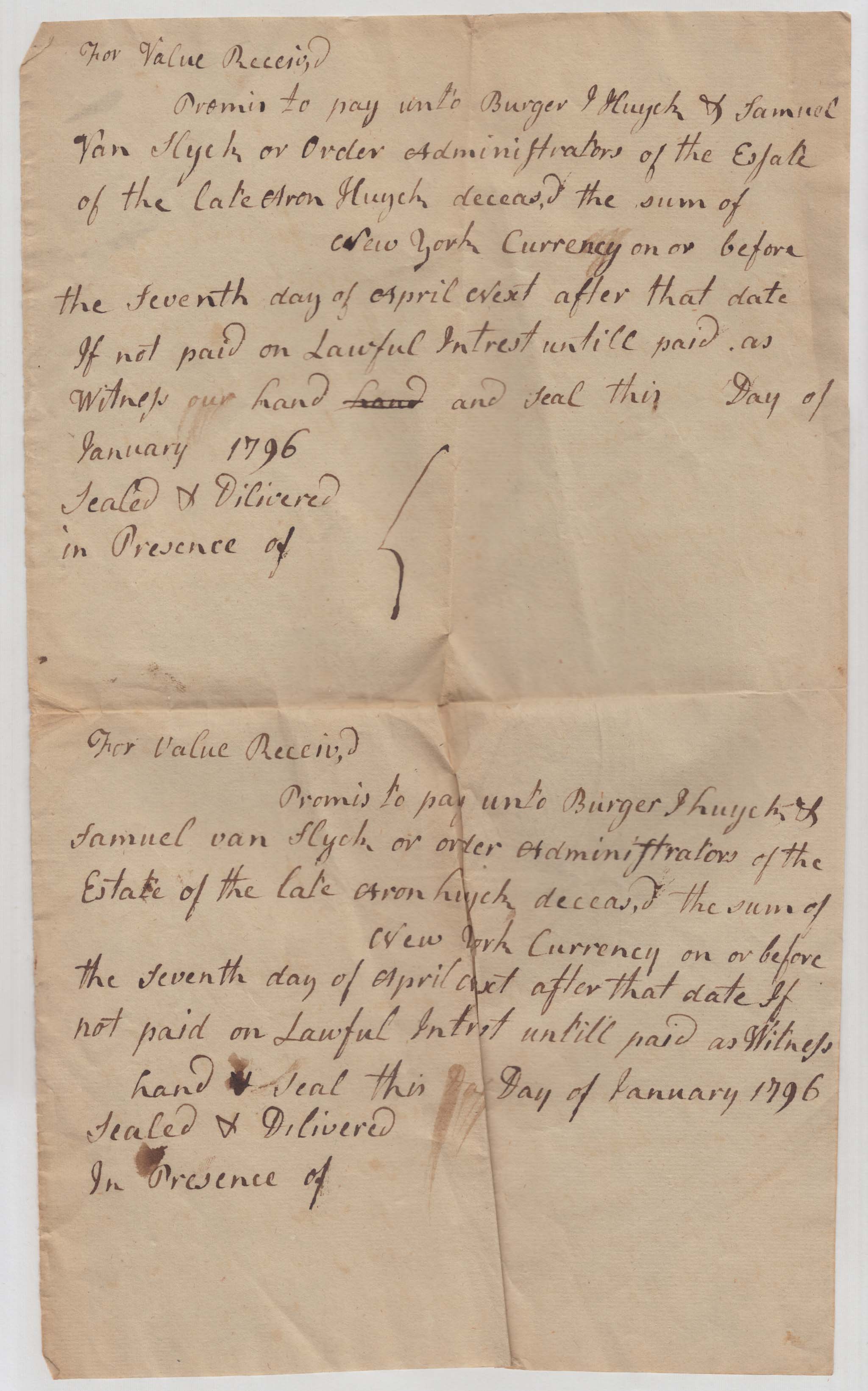 BH048, 1796-01-06 Promissory Note, 16 Blank Promissory Notes to Pay the Administrators of Aron Huyck's Estate