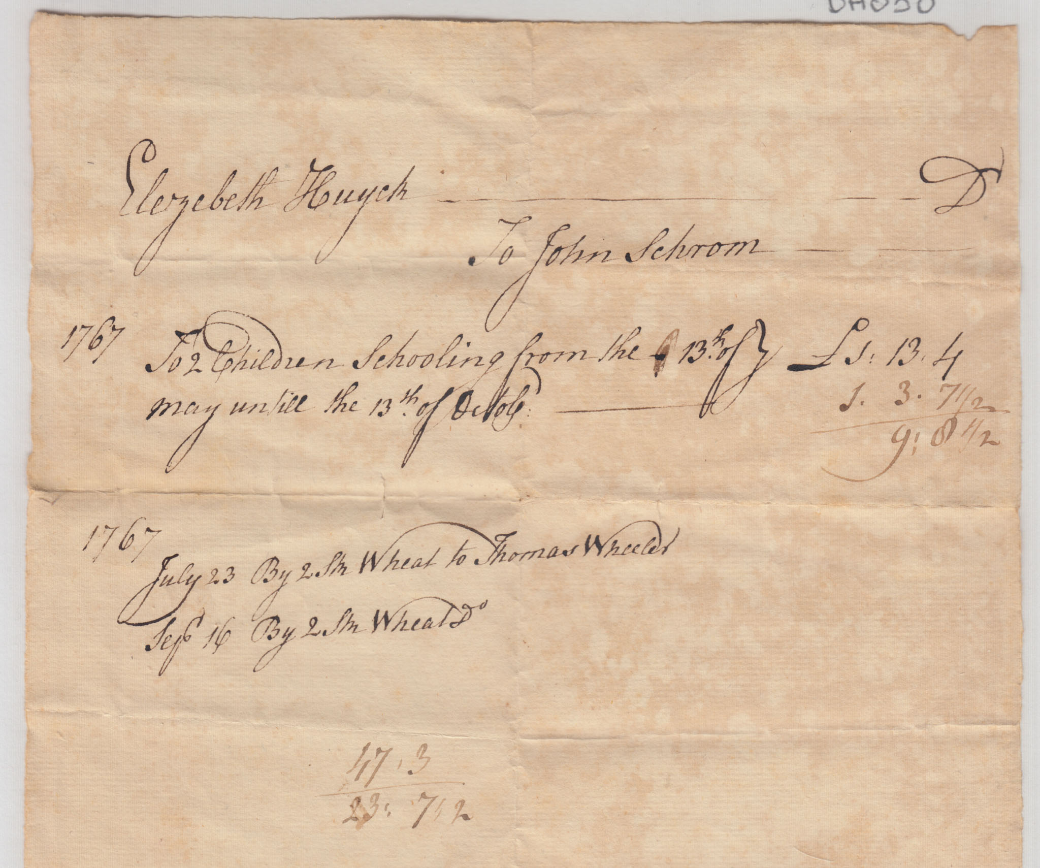 BH050, 1767-10-13 Account, Elizabeth Huyck & John Schrom for Schooling 2 Children
