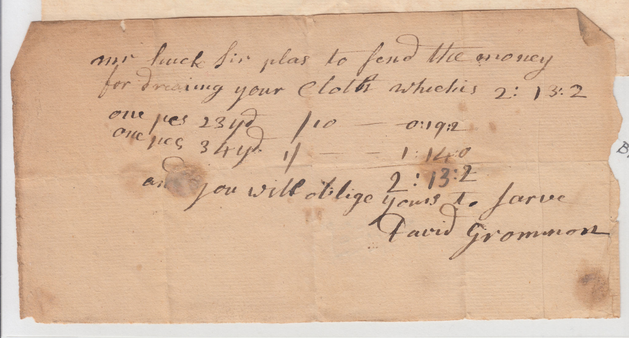 BH051, 1772(?) Invoice, David Grommon to Mr Huyck for Dressing Cloth