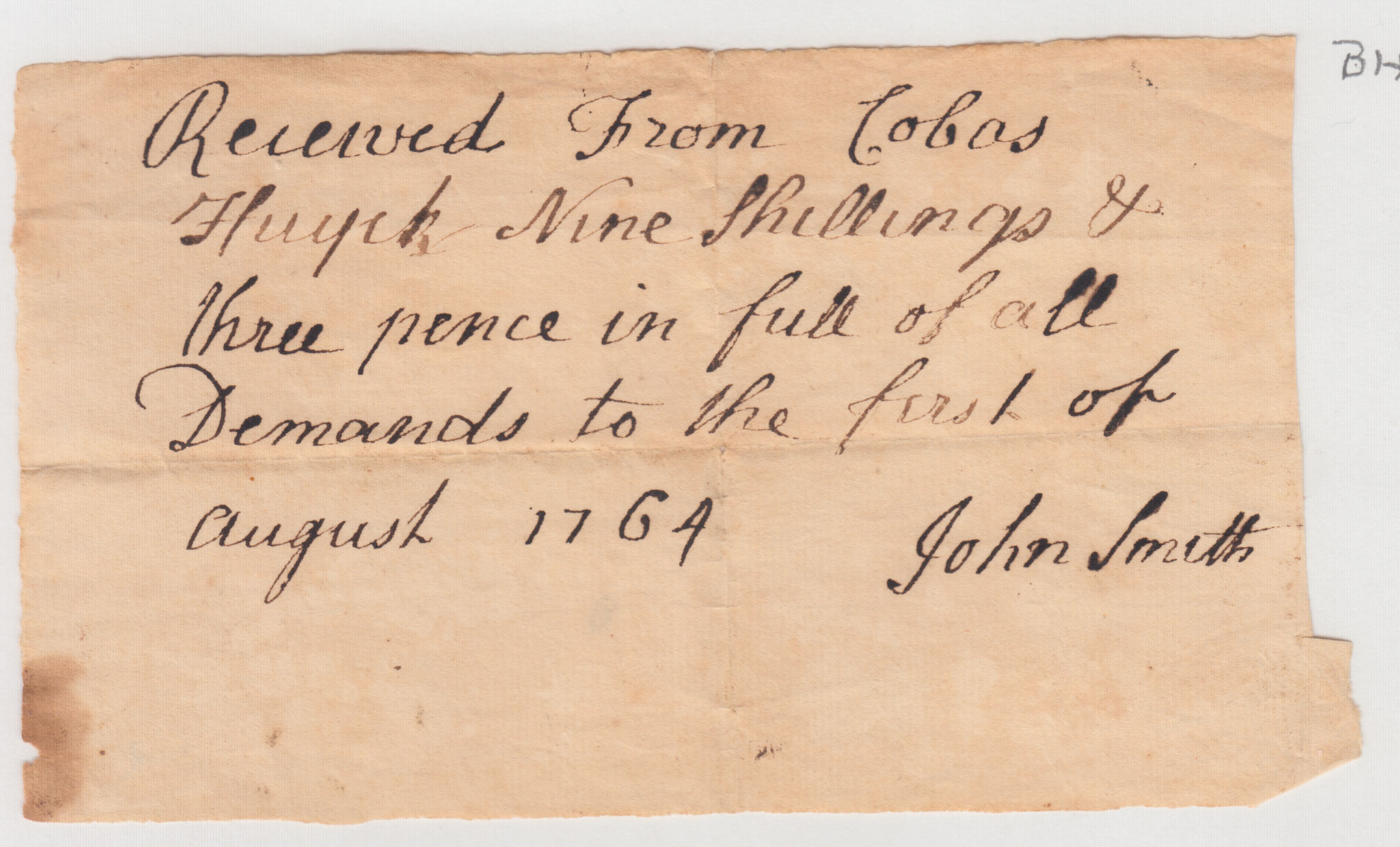 BH052, 1764-08-01 Receipt, John Smith to Cobas Huyck, in Full of All Demands