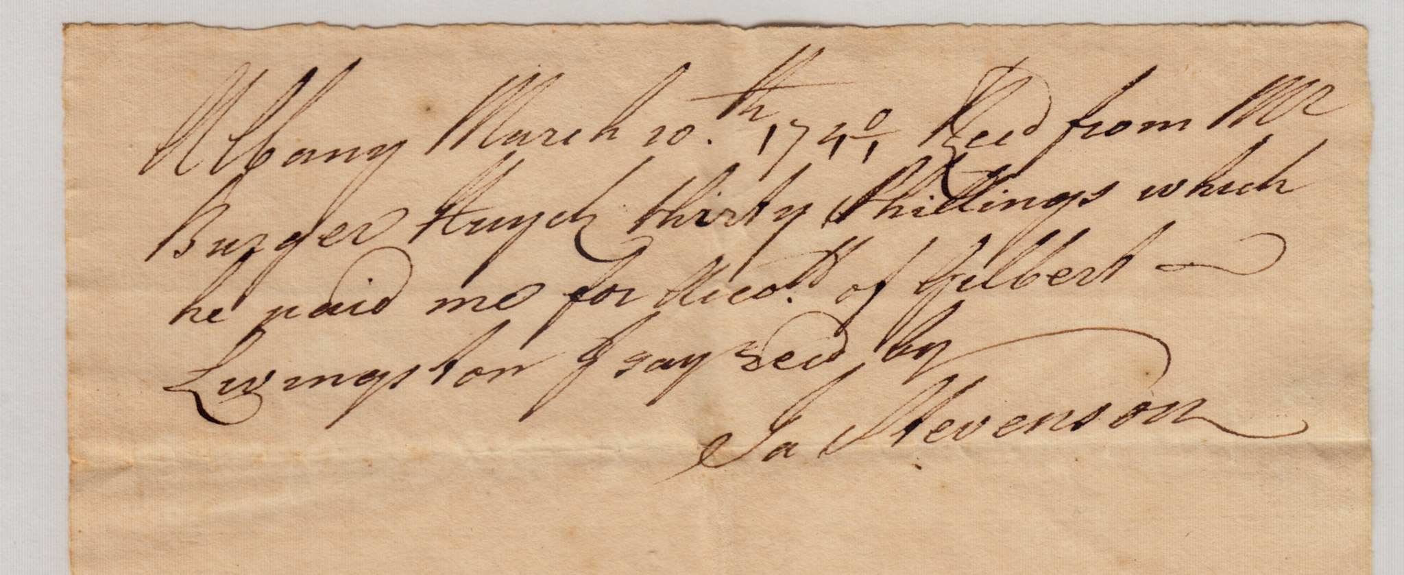 BH053 1740/1-03-10 Receipt, Ja Stevenson to Burger Huyck, 30 Shillings for Acct of Gilbert Livingston