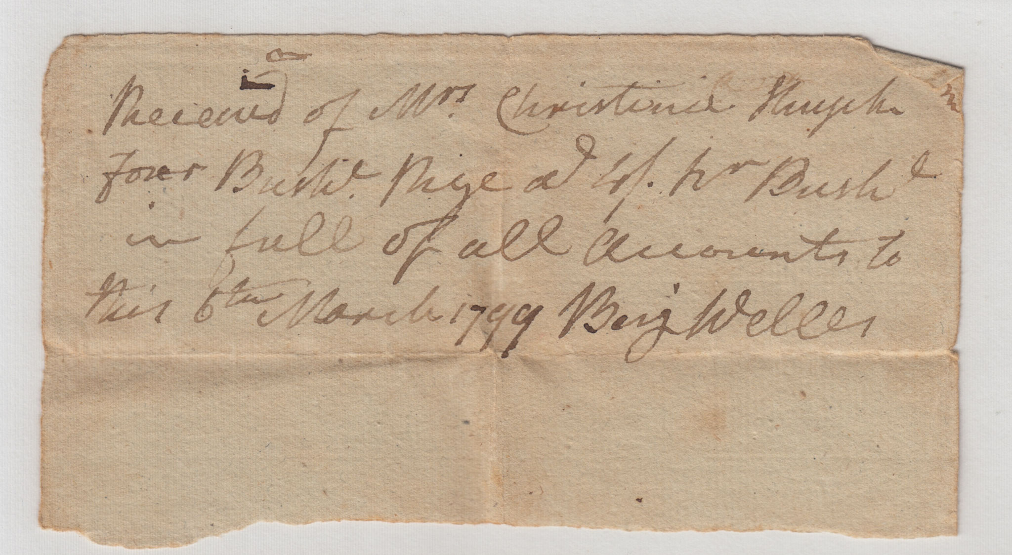 BH056, 1799-03-06 Receipt, Benj. Welles to Christina Huyck, Paying 4 Bushels Rye to Settle all Accounts