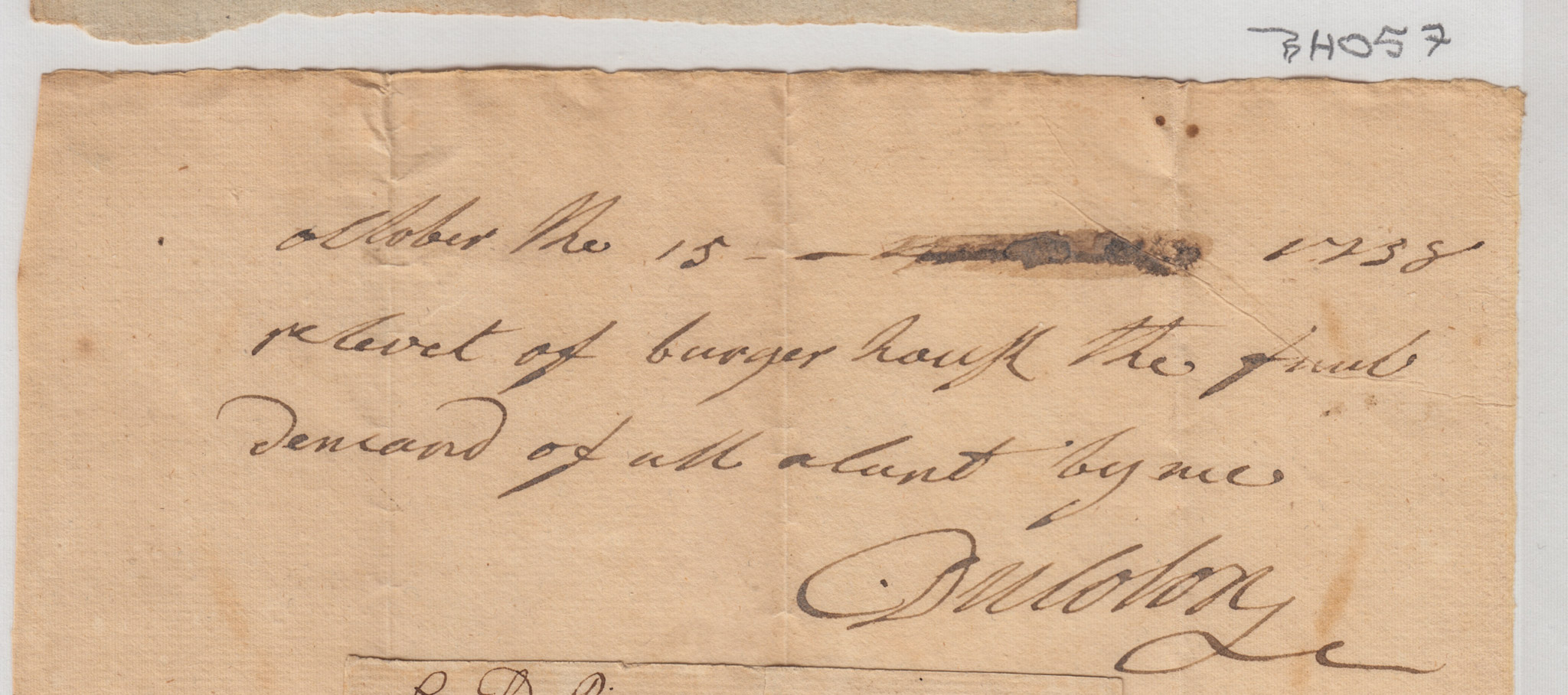 BH057, 1738-10-15 Receipt, C. Ducolon to Burger Huyck for the Final Demand of All Account
