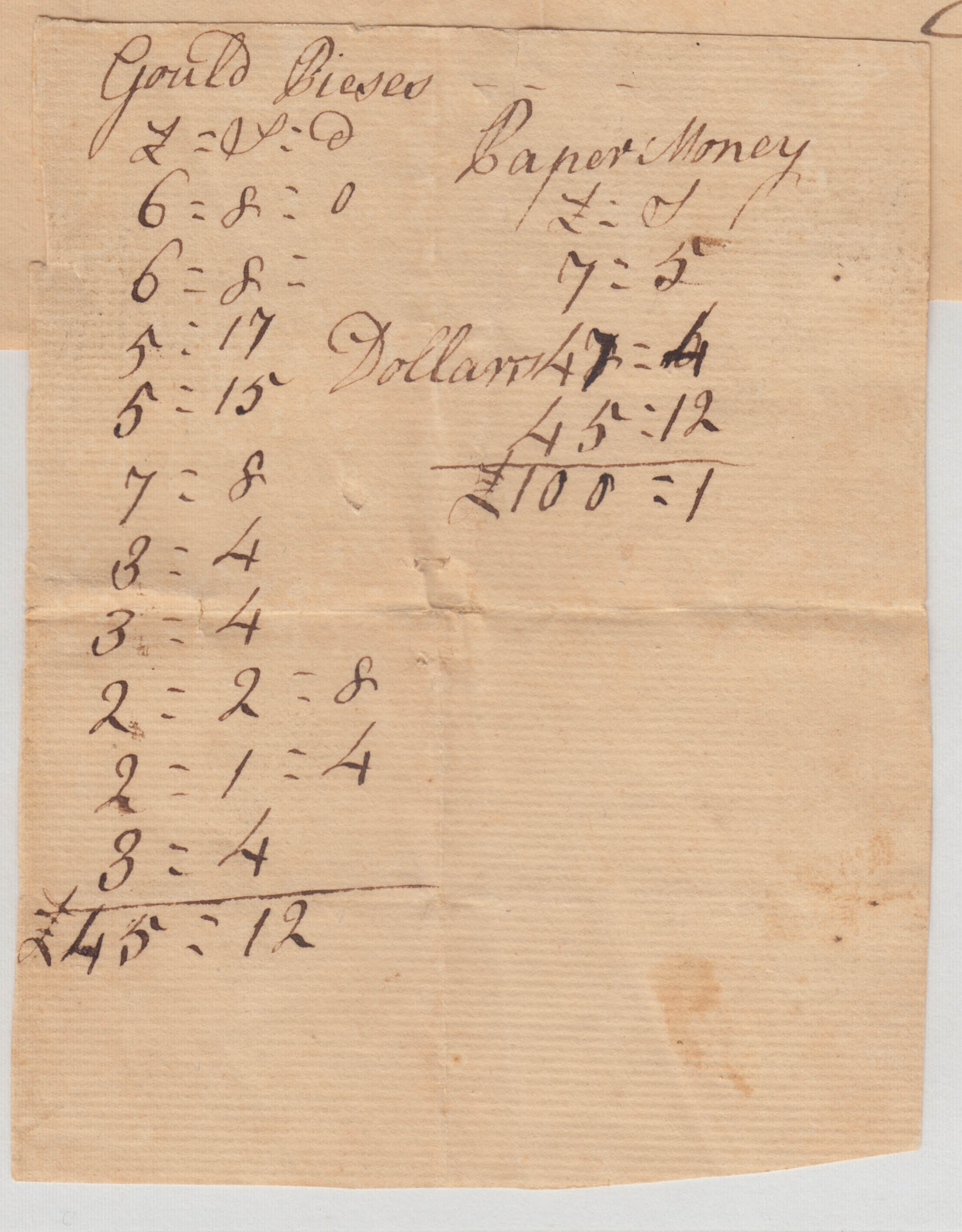BH058 1770-10? Note Reckoning Gold Pieces & Paper Money in Pounds and Dollars