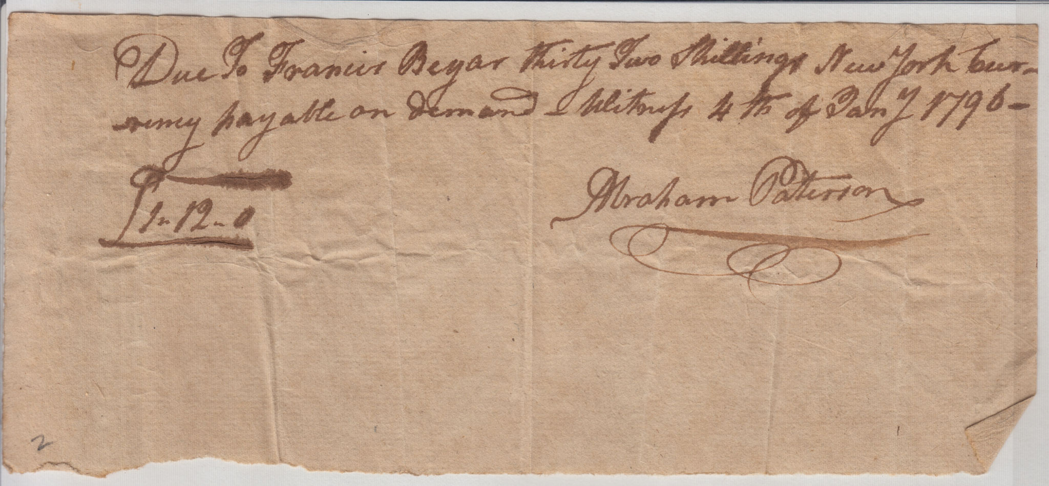 BH059, 1796-01-04 Demand Note, Abraham Paterson to Francis Beyar for £1:12:0