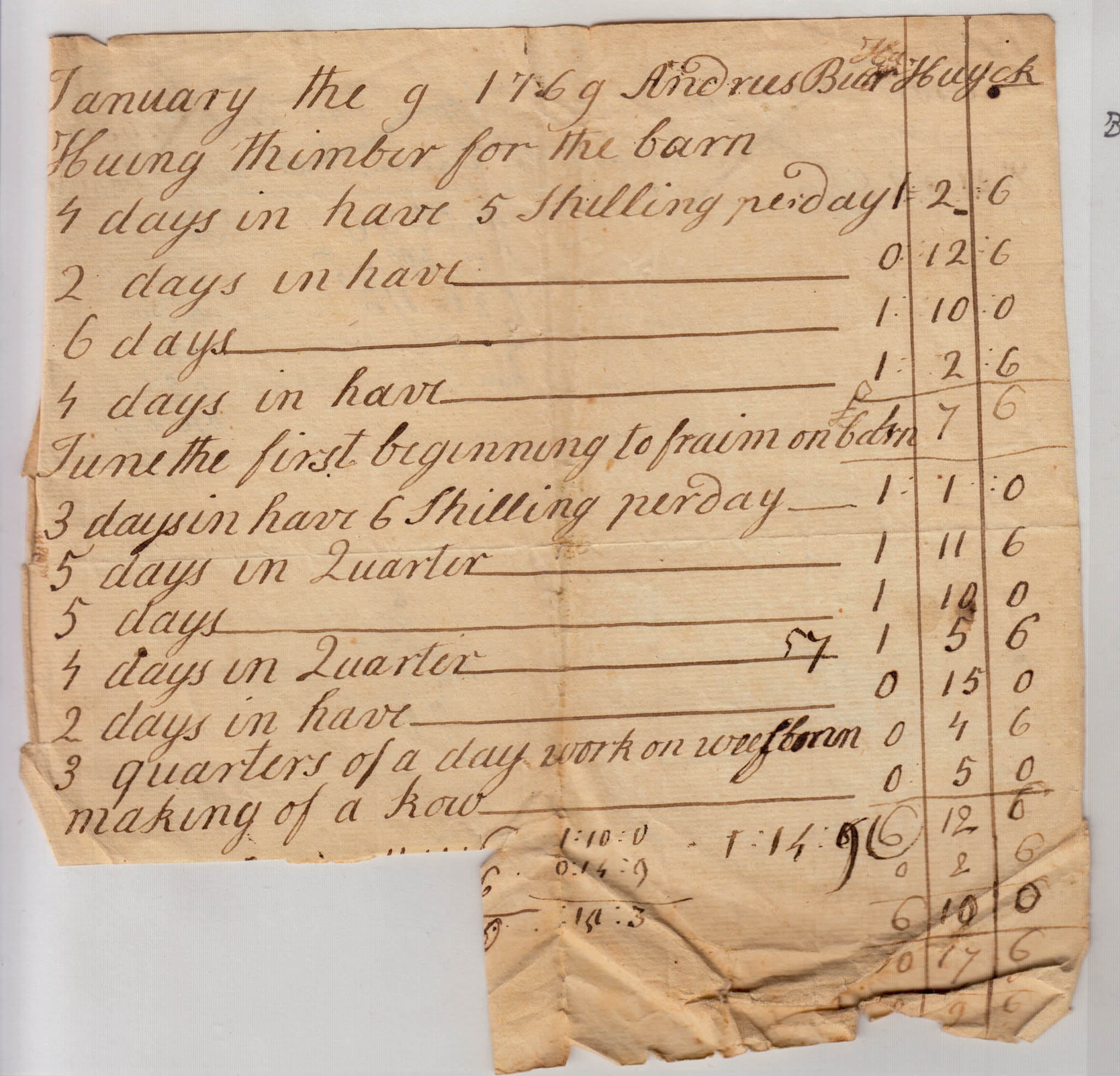 BH060, 1769-01-09 Invoice, Andries Burger Huyck for Hewing Timber for the Barn
