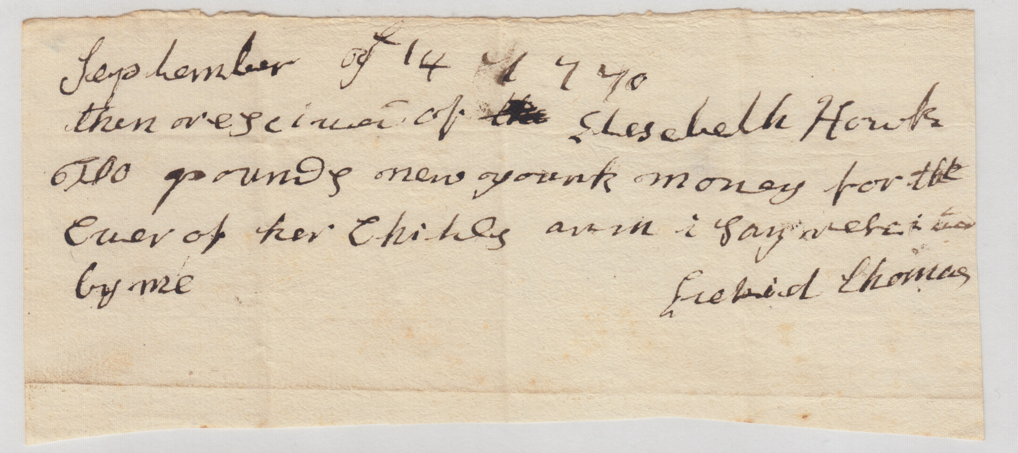 BH061, 1770-09-14 Receipt, Ezechiel Thomas to Elizabeth Huyck for Cure of her Child's Arm