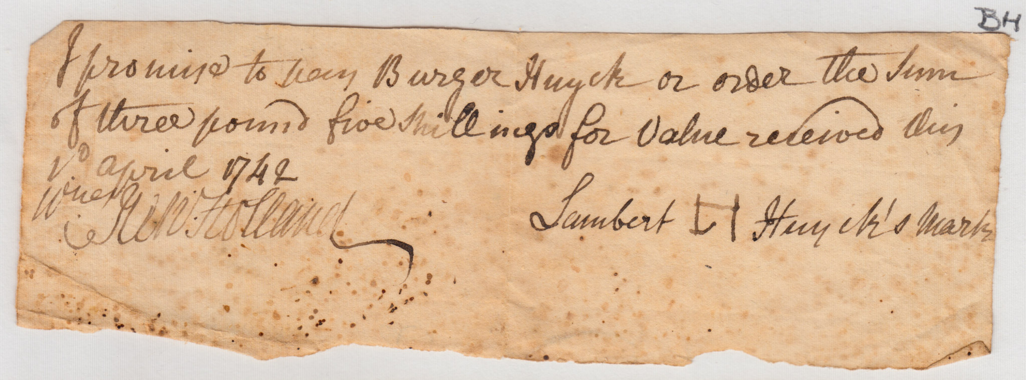 BH062 1742-04-01 Promissory Note, Lambert to Burger Huyck for the Sum of Three Pound Five Shillings