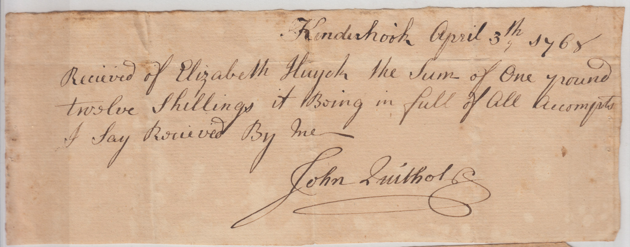 BH065, 1768-04-03 Receipt, John Quithol to Elizabeth Huyck, It Being in Full of All Accounts