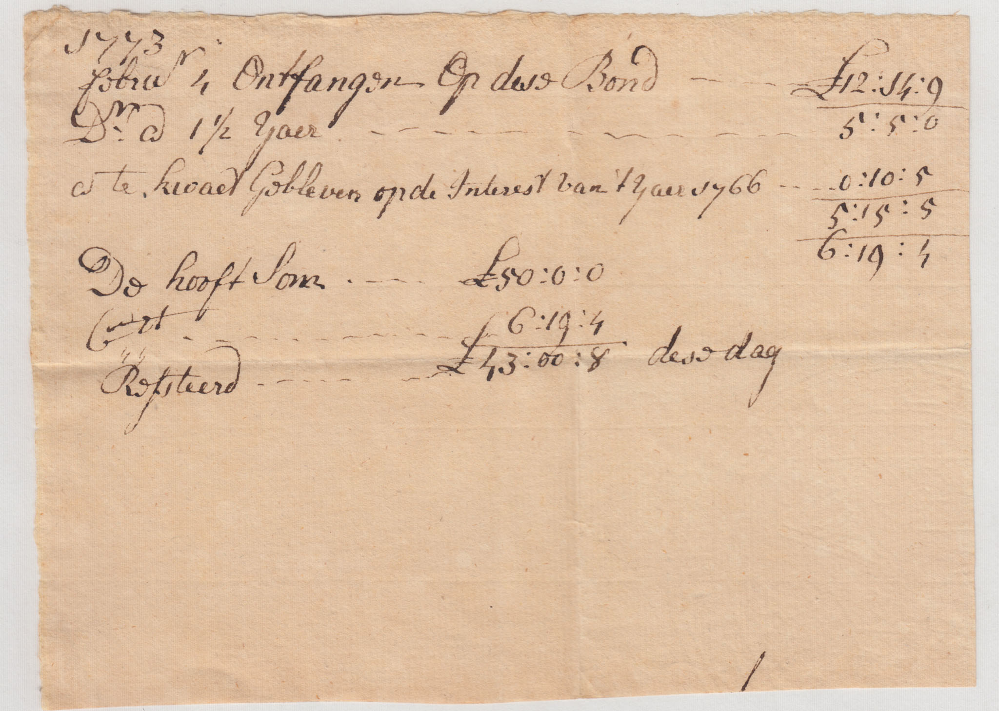 BH069, 1773-02-04 Account Memo for Interest & Principal Received on Bond