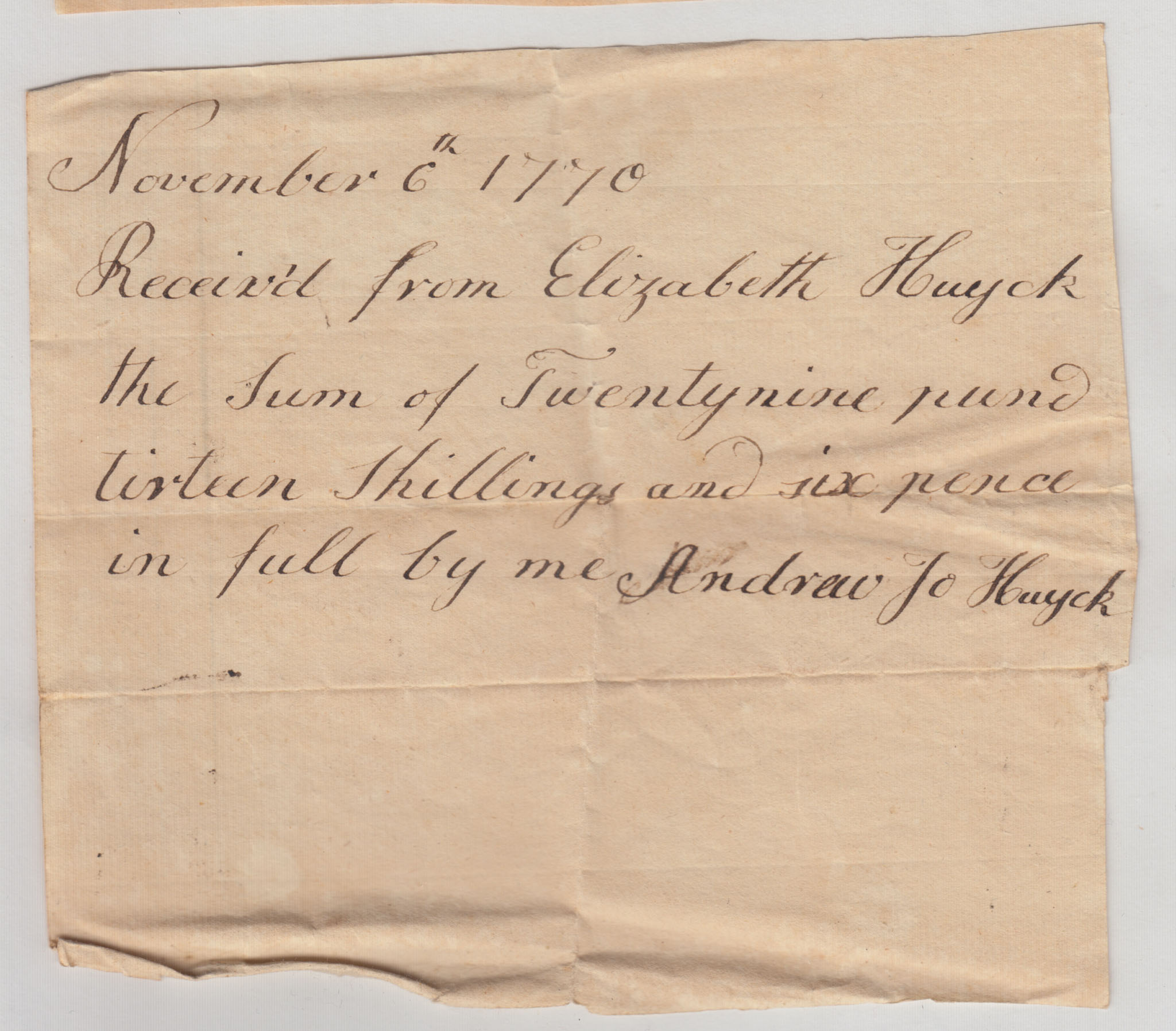 BH070 1770-11-06 Receipt, Andrew Jo Huyck to Elizabeth Huyck as Payment in Full