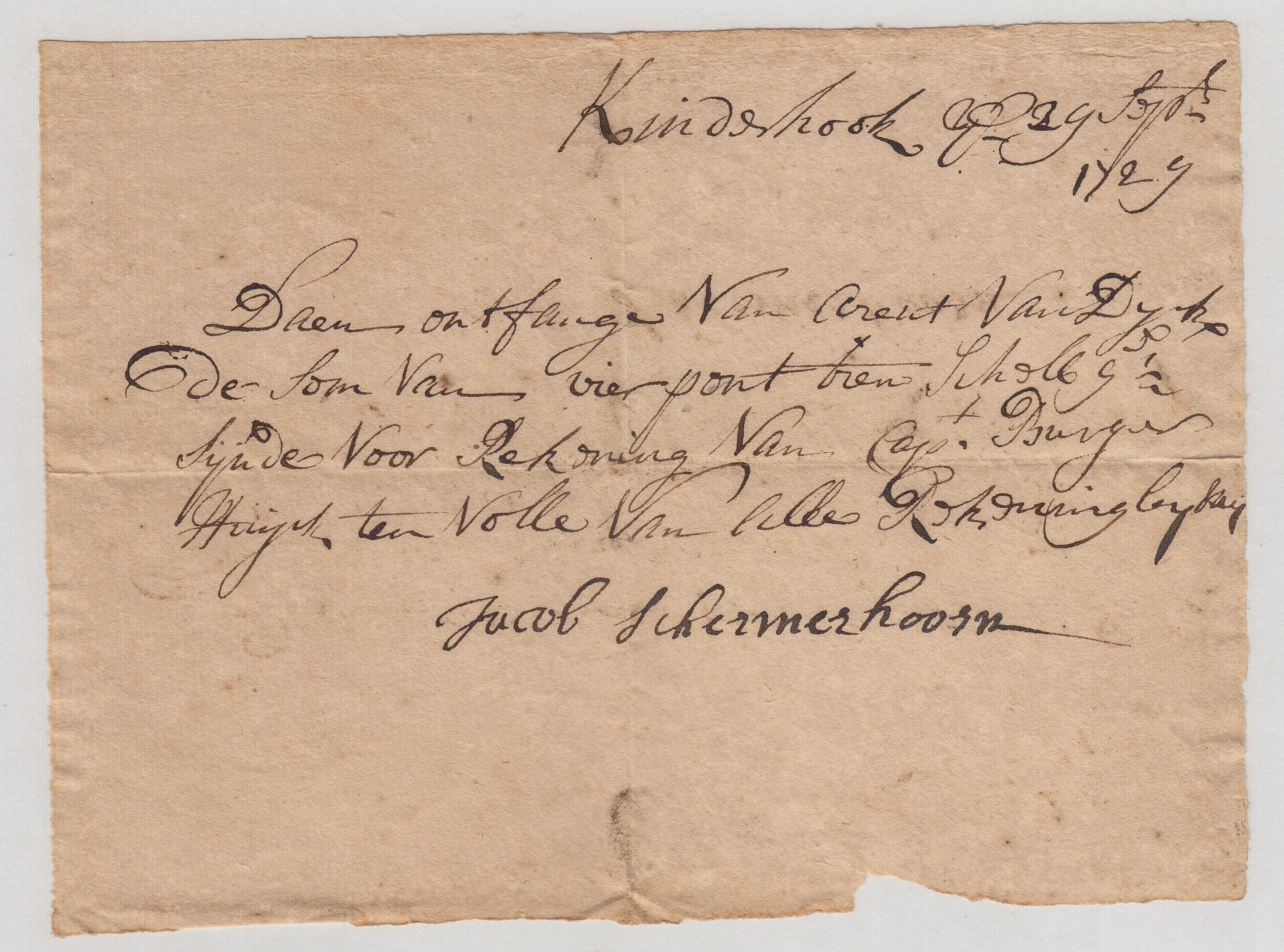 BH071 1729-09-29 Receipt from Jacob Schermerhoorn to Arent Van Dyck for the Account of Burger Huyck in Full