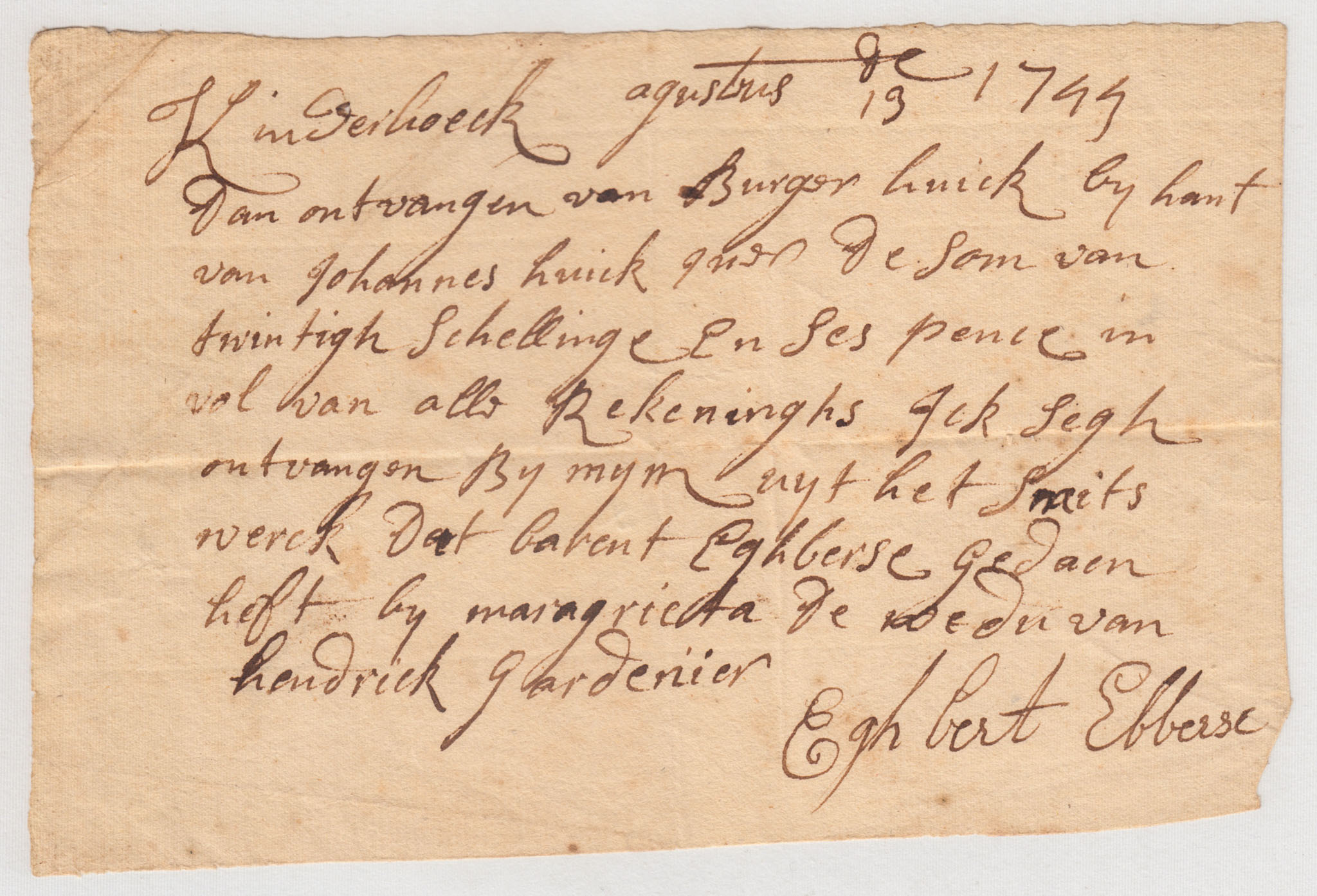 BH072 1744-08-19 Receipt, Eghbert Ebberse, Blacksmith, to Burger Huyck on Account of Widow Margareta Gardenier