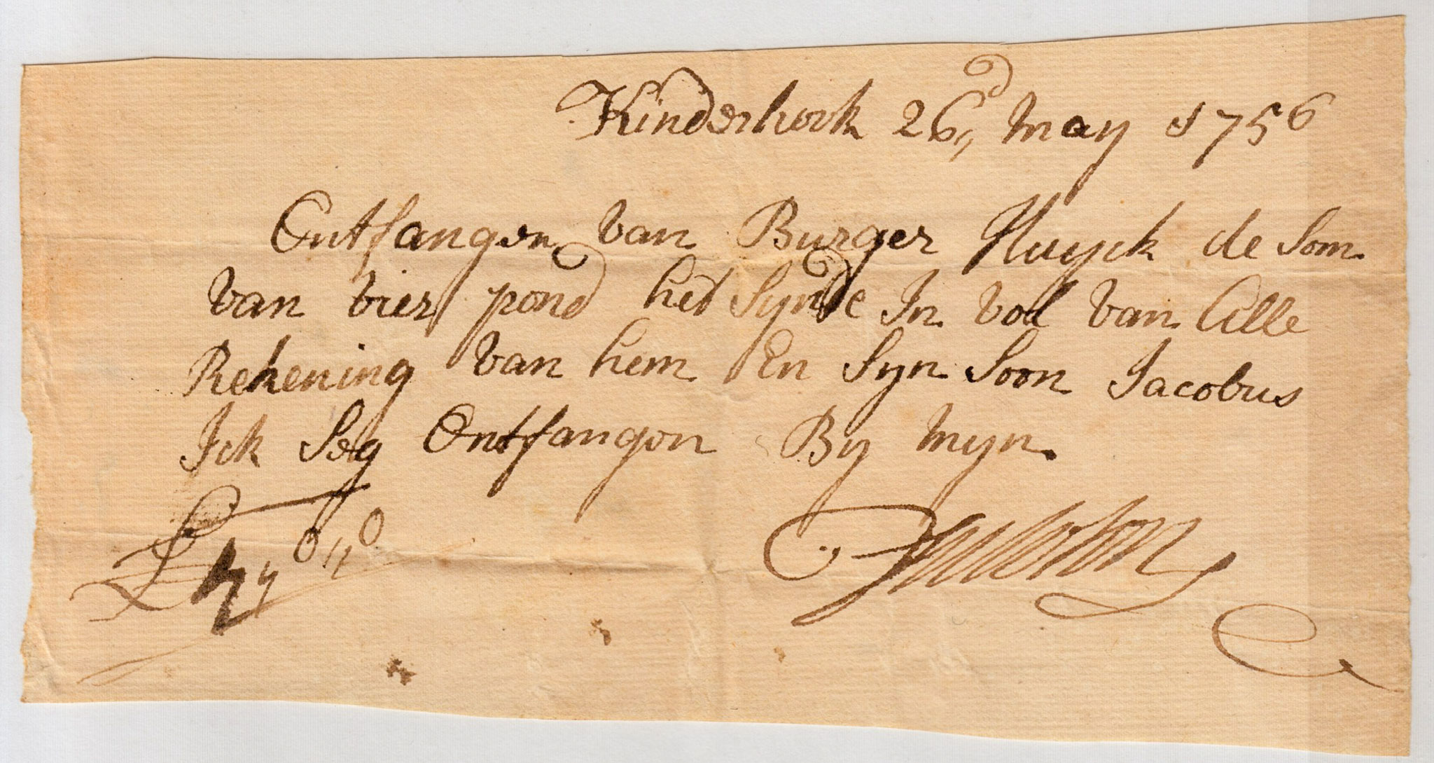 BH073 1756-05-26 Receipt, C. Ducolon to Burger Huyck & Son Jacobus, in Full of All Accounts