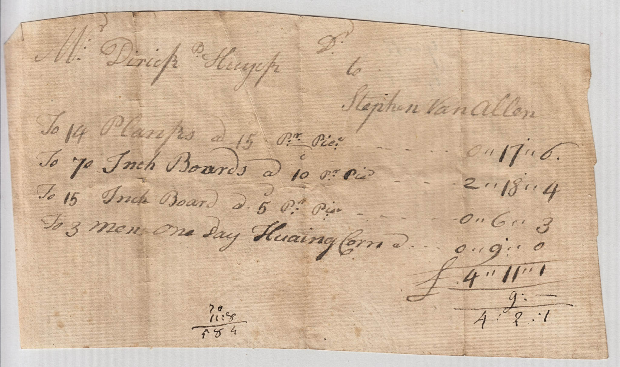 BH075, 1772(?) Invoice, Stephen Van Allen to Dirck Huyck for Lumber & Labor