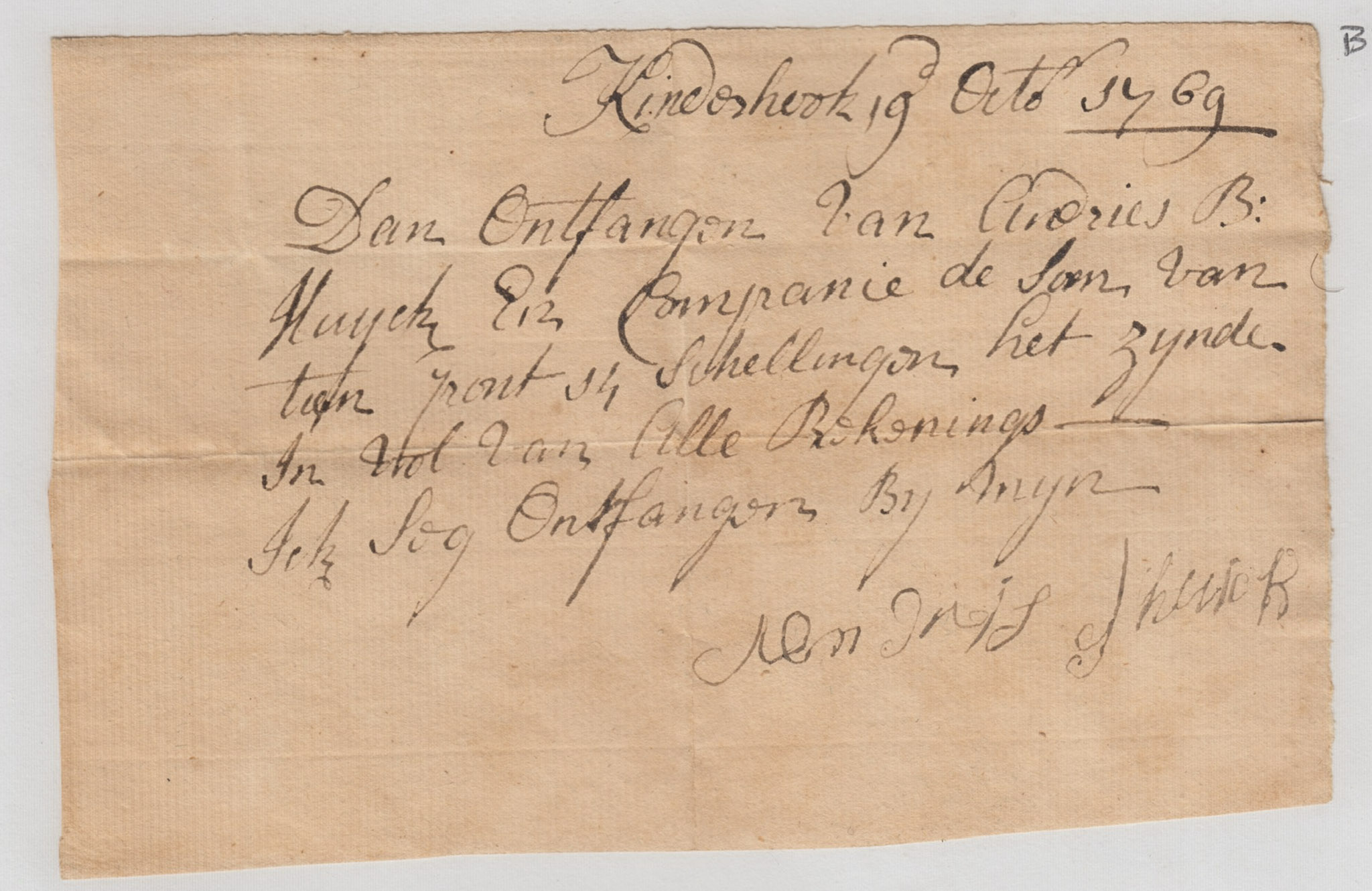 BH076, 1769-10-19 Receipt - Andries J. Huyck to Andries B. Huyck & Co.for £10:14s