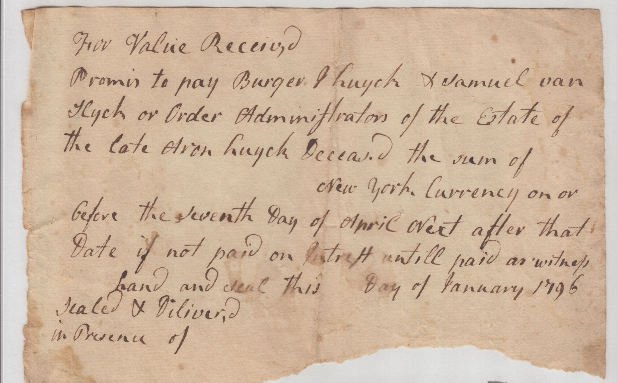 BH048, 1796-01-06 Promissory Note, 16 Blank Promissory Notes to Pay the Administrators of Aron Huyck's Estate
