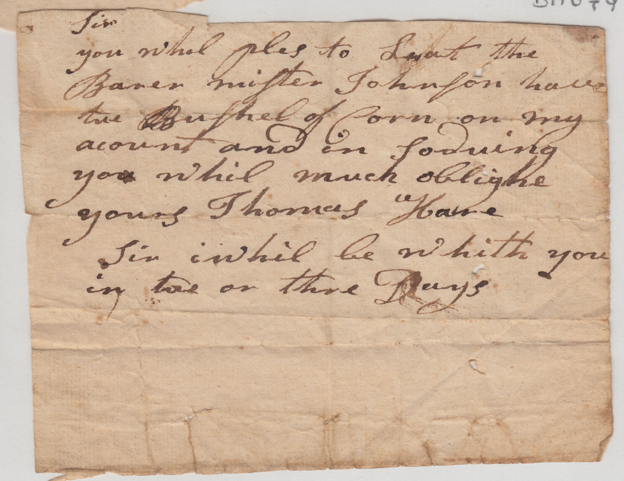 BH079, 1770(?) Letter, Bearer Note re Two Bushel Corn