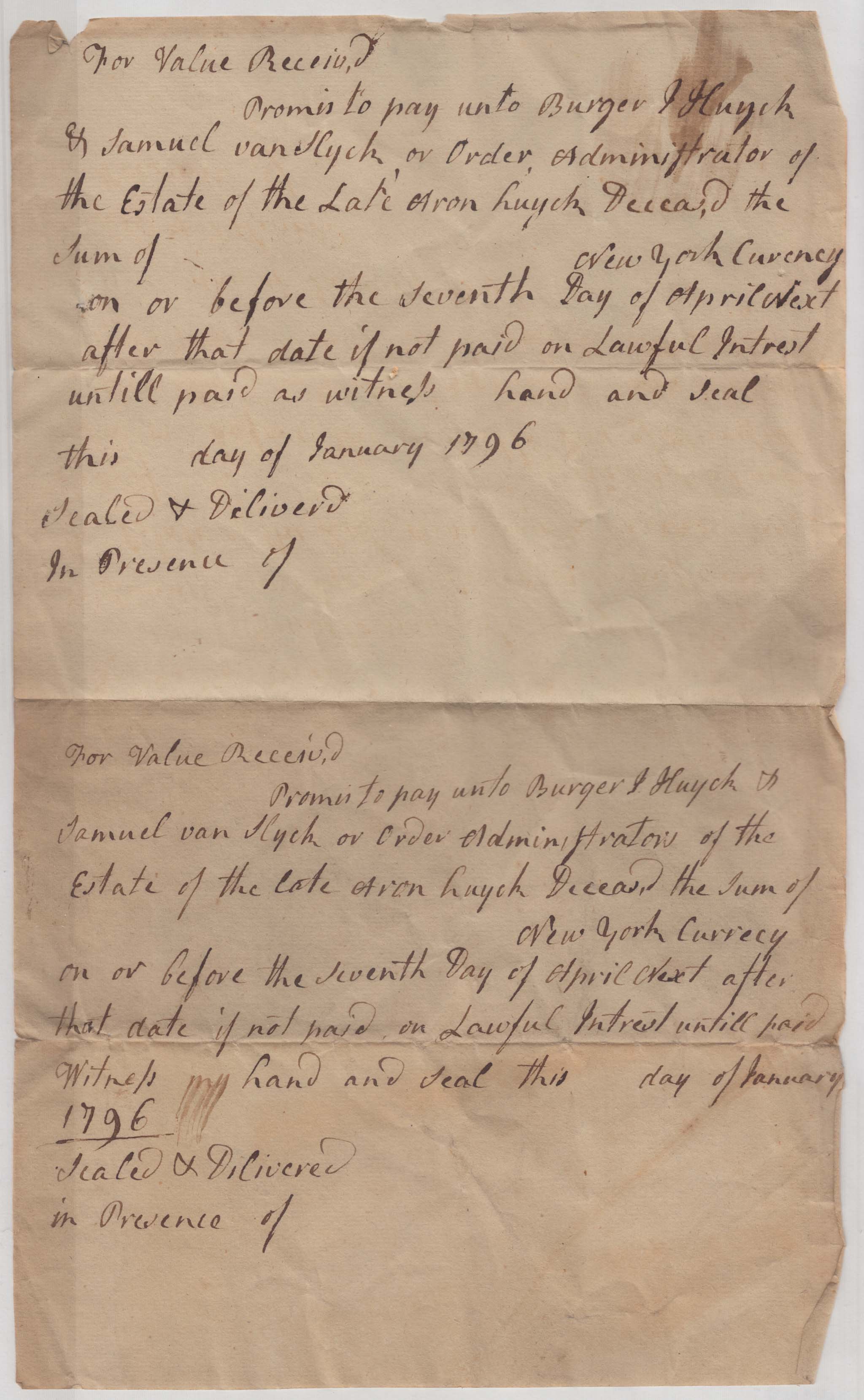 BH048, 1796-01-06 Promissory Note, 16 Blank Promissory Notes to Pay the Administrators of Aron Huyck's Estate