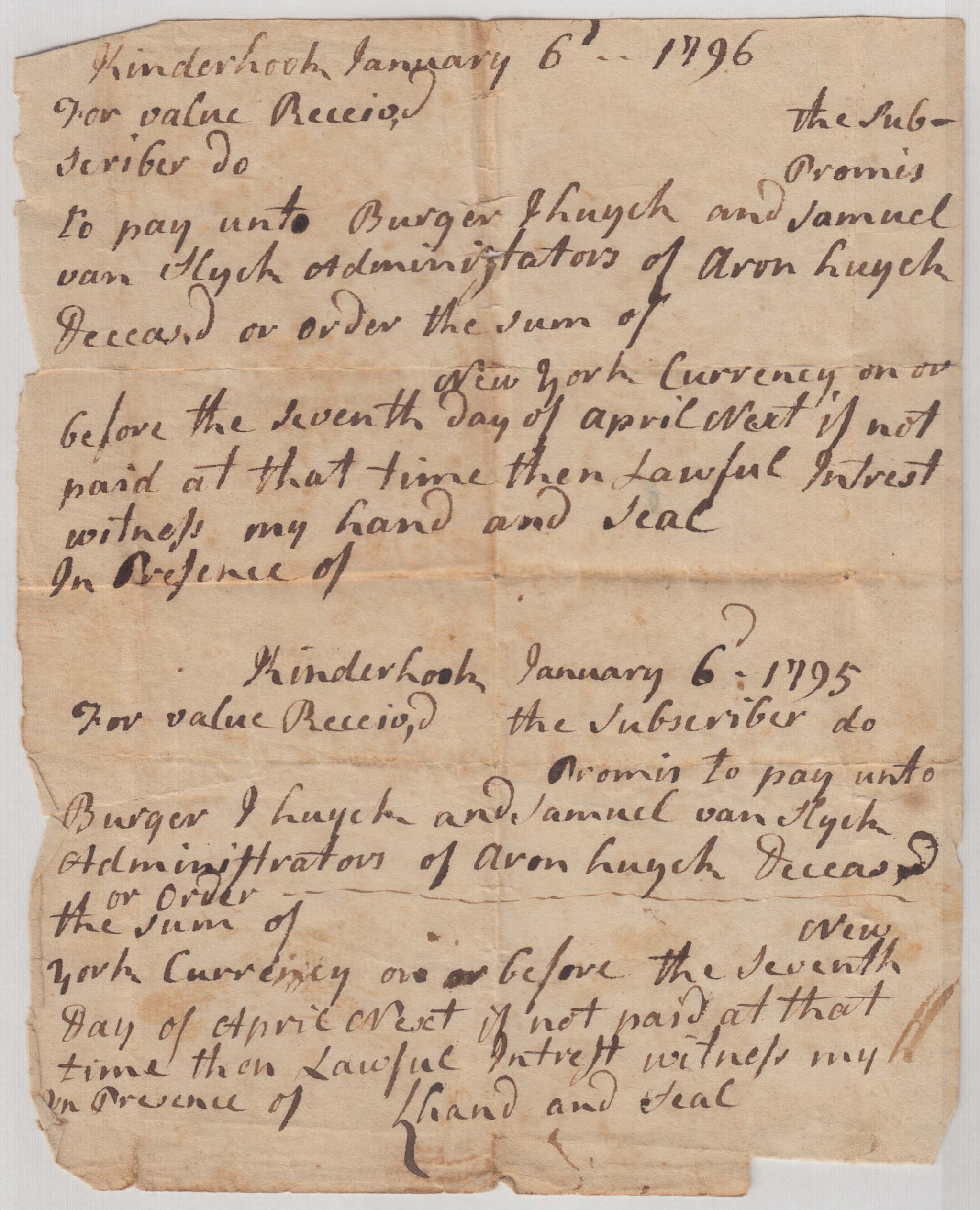 BH028, 1796-01-06 Promissory Note, 4 Blank Promissory Notes to Pay the Administrators of Aron Huyck's Estate