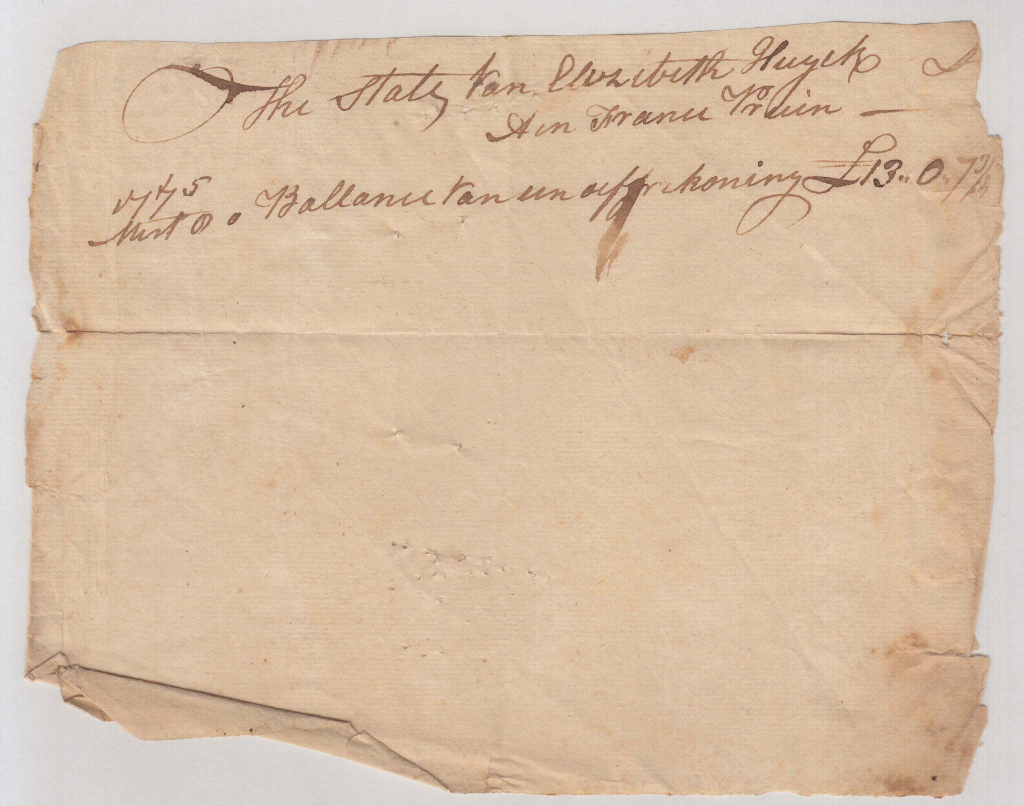 BH090, 1775-03-09 Note, the Account of Elizabeth Huyck, Debtor, to Frans Pruyn