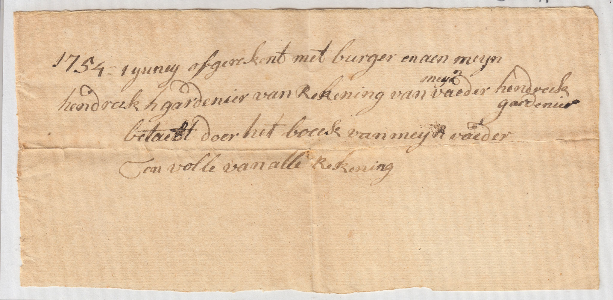 BH091 1754-06-01 Receipt, Hendrick H Gardenier to Burger Huyck, Settling His Deceased Father's Account