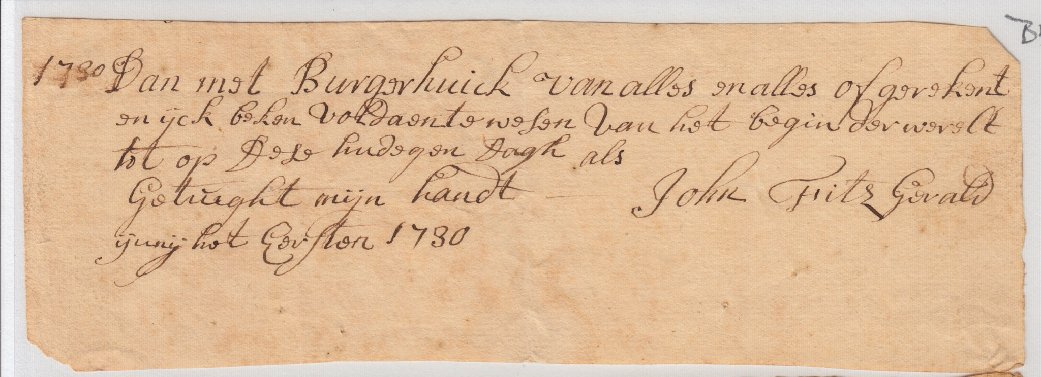 BH092, 1730-06 Receipt, John FitzGerald to Burger Huyck, of All Things Fully Reckoned