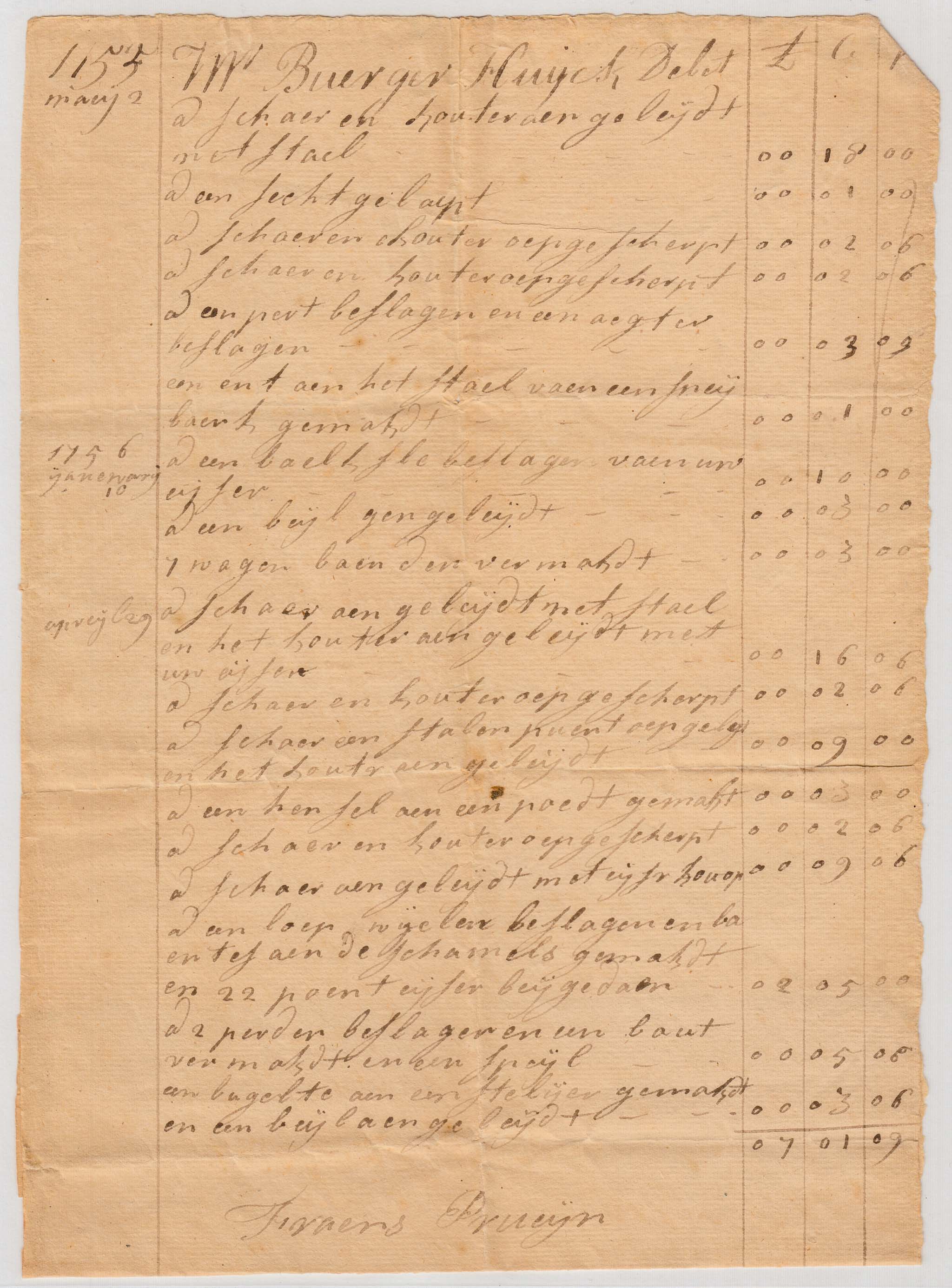 BH095 1755 & 1756 Invoice, Fraens Pruijn to Burger Huyck for Blacksmithing
