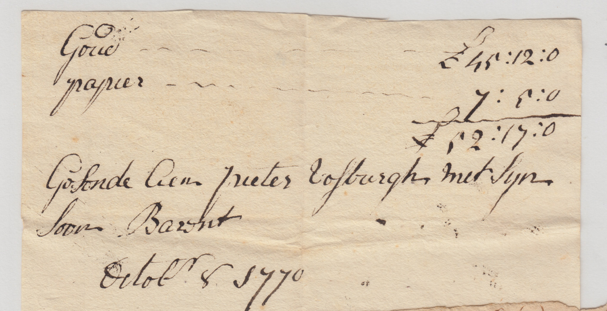 BH097 1770-10-08 Memo of Funds Sent to Pieter Vosburgh With His Son Barent