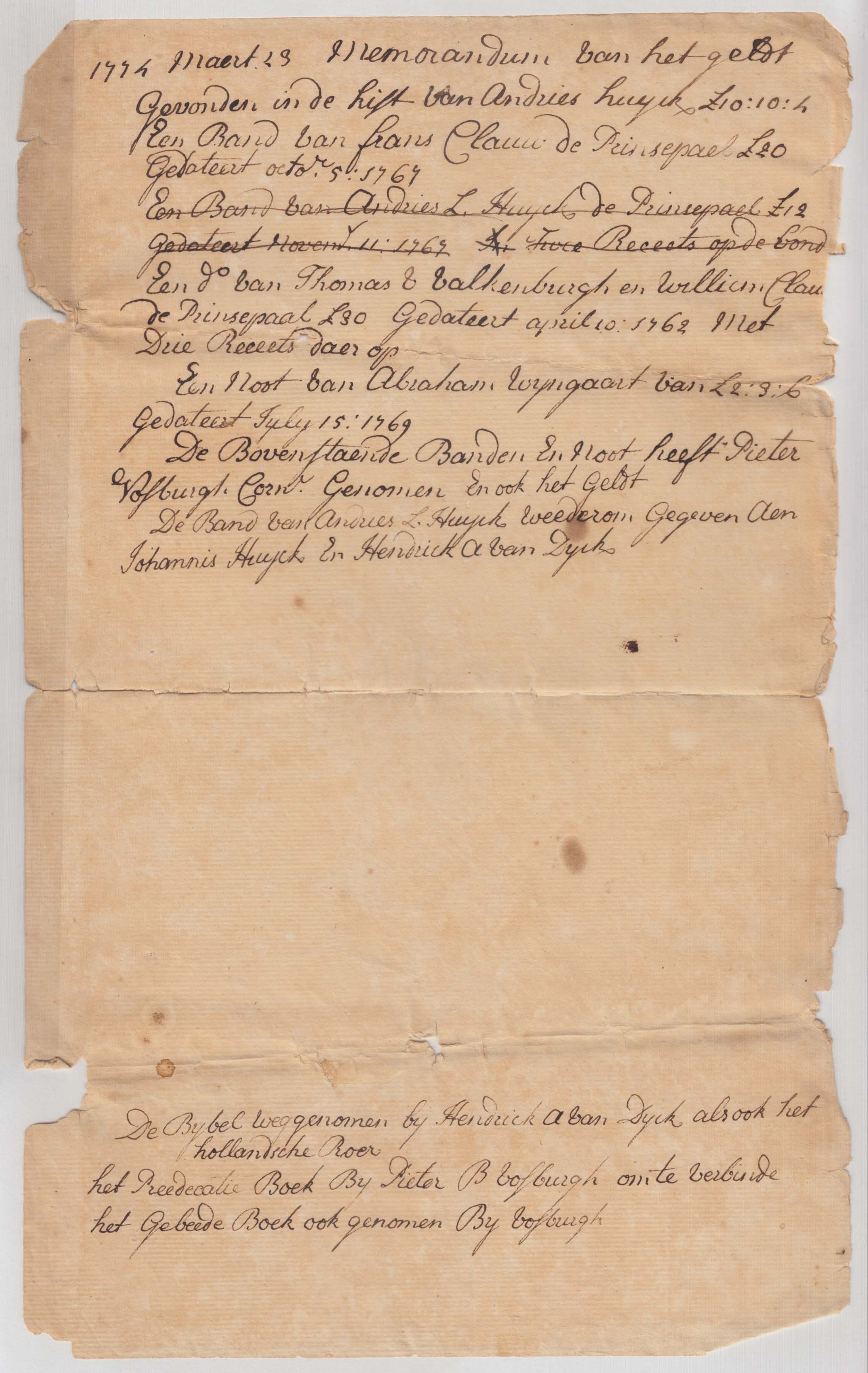 BH099, 1774-03-23 Memorandum, Contents and Distribution of Andries Burger Huyck's Chest