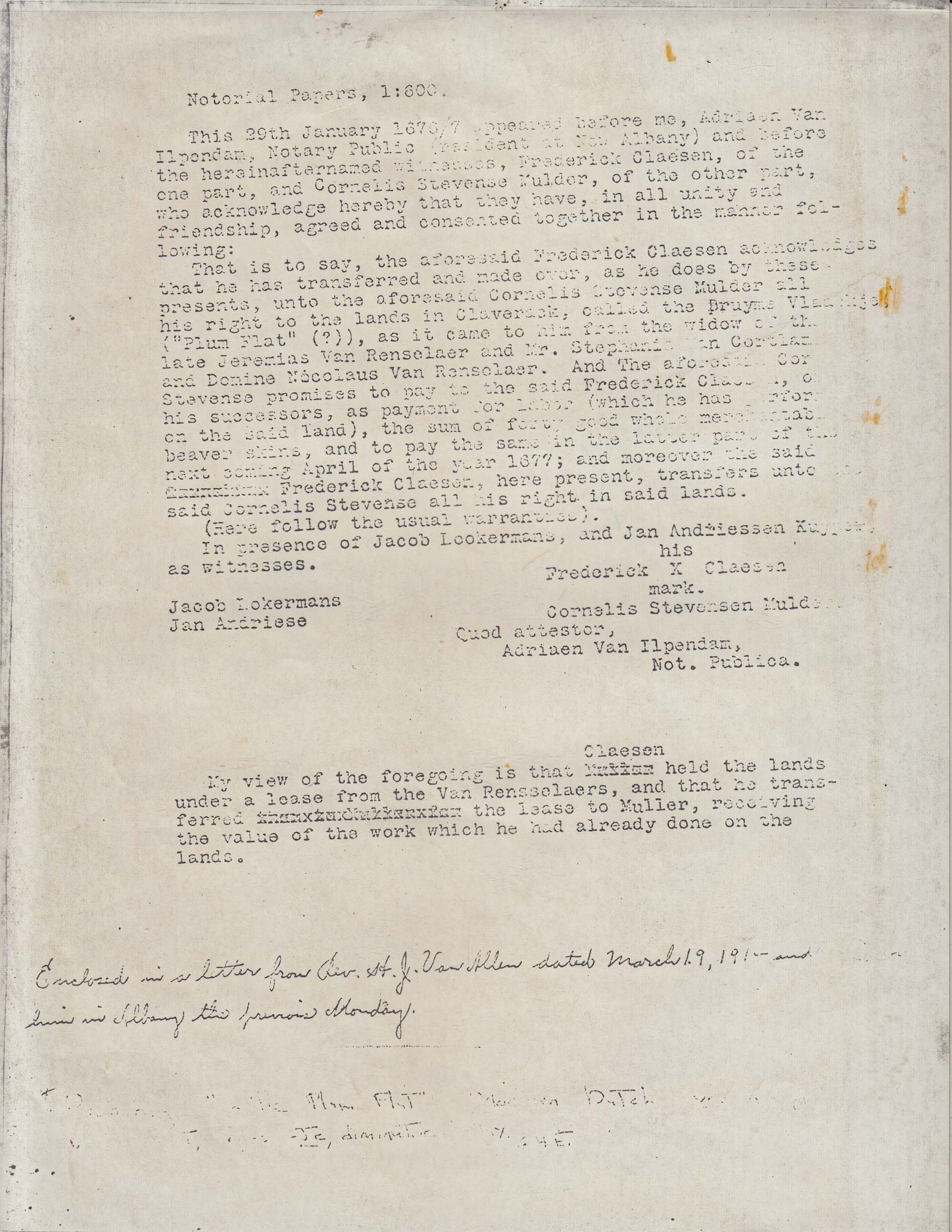 BH110 1676-7 Agreement, Claesen Lease to Mulder, a Translation
