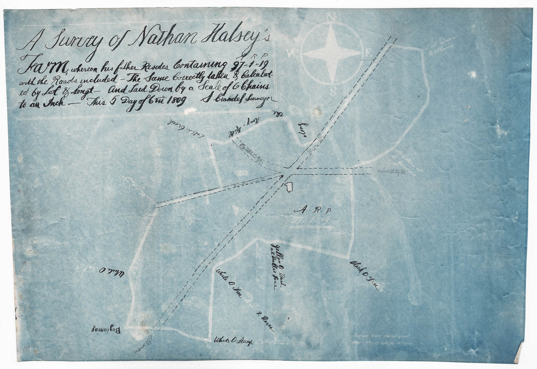 HBC010, 1927?-05-19 Blueprint of a Copy of a 1809-06-05 Survey of Nathan Halsey's Farm in Chatham