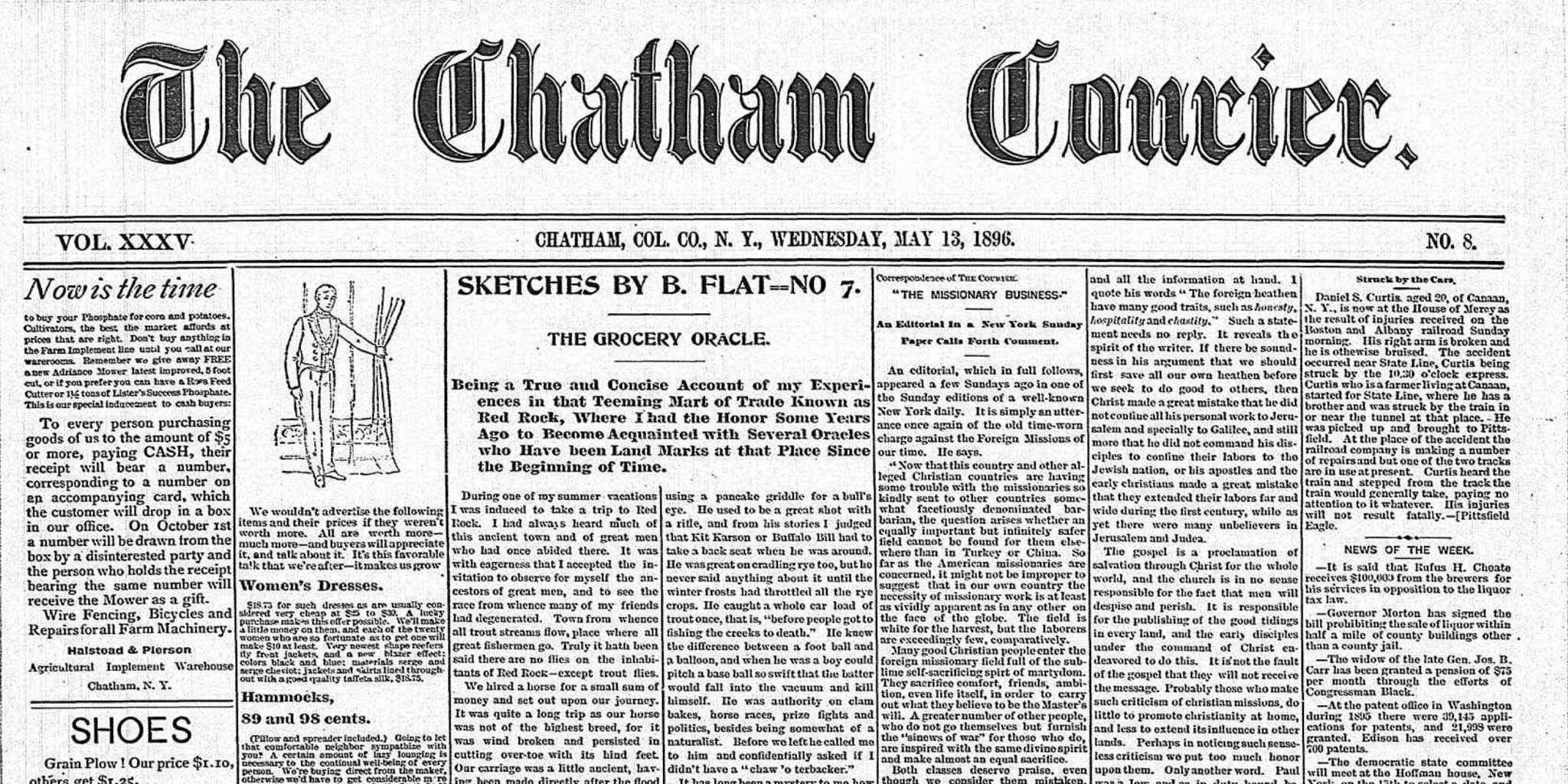 SKETCHES BY B. FLAT==NO 7. piece in the Chatham Courier, May 13, 1896